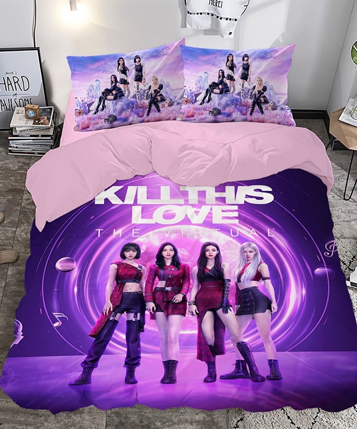 Black Pink Temalı Baskılı Mor Çift Kişilik Nevresim Takımı
