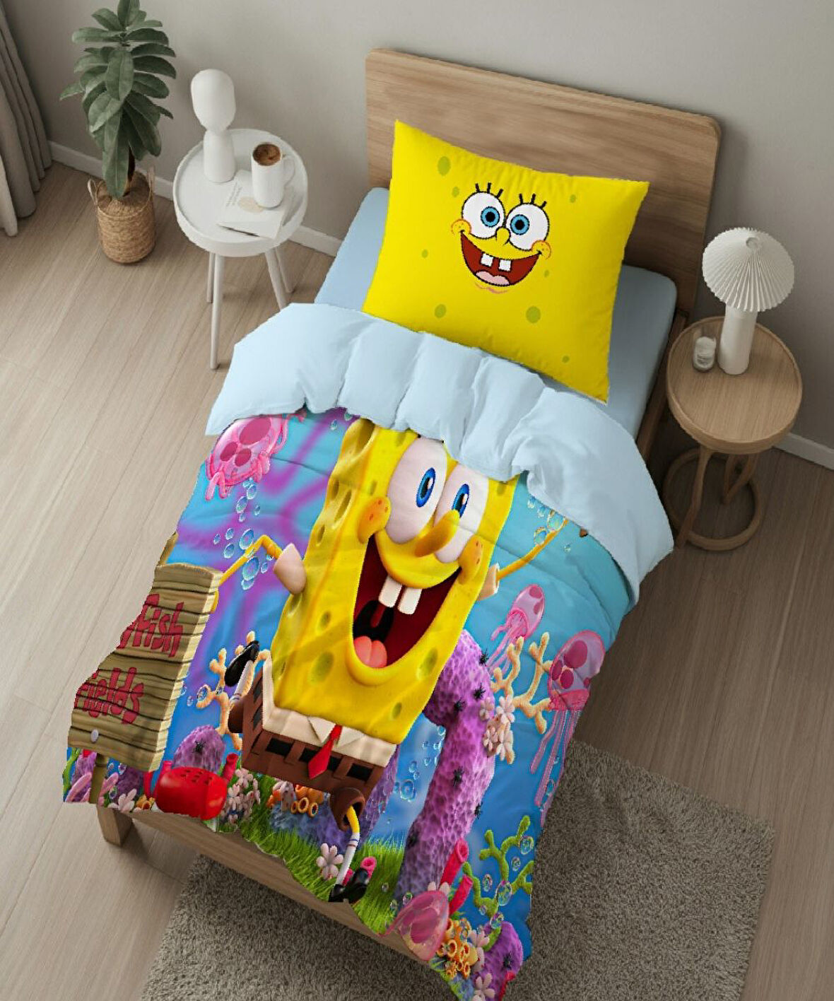 Sunger Bob Temalı Baskılı Tek Kişilik Nevresim Takımı