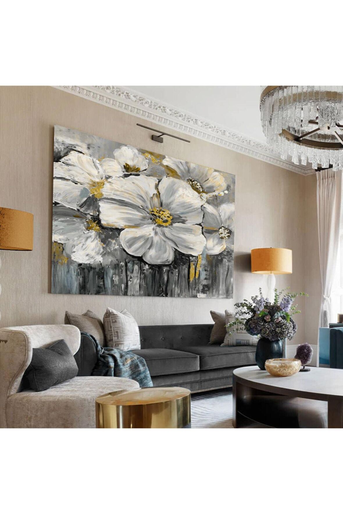 Yağlı Boya Efektli Çiçek Demeti (GRİ KOMBİN 2) Tablosu Harikabirev