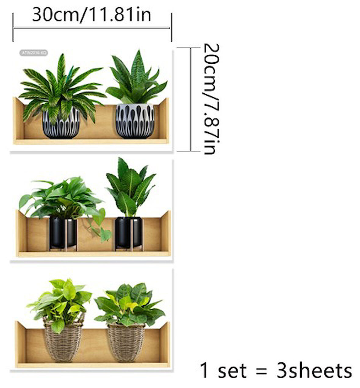Raflı Bitki Tasarımlı Yapışkanlı Sticker 20*30 cm 3lü Set
