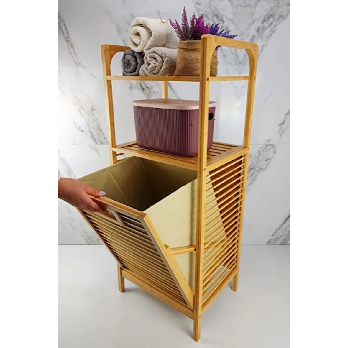 2 Organizer Raflı Ahşap Bambu Çek-Aç Kirli Sepeti