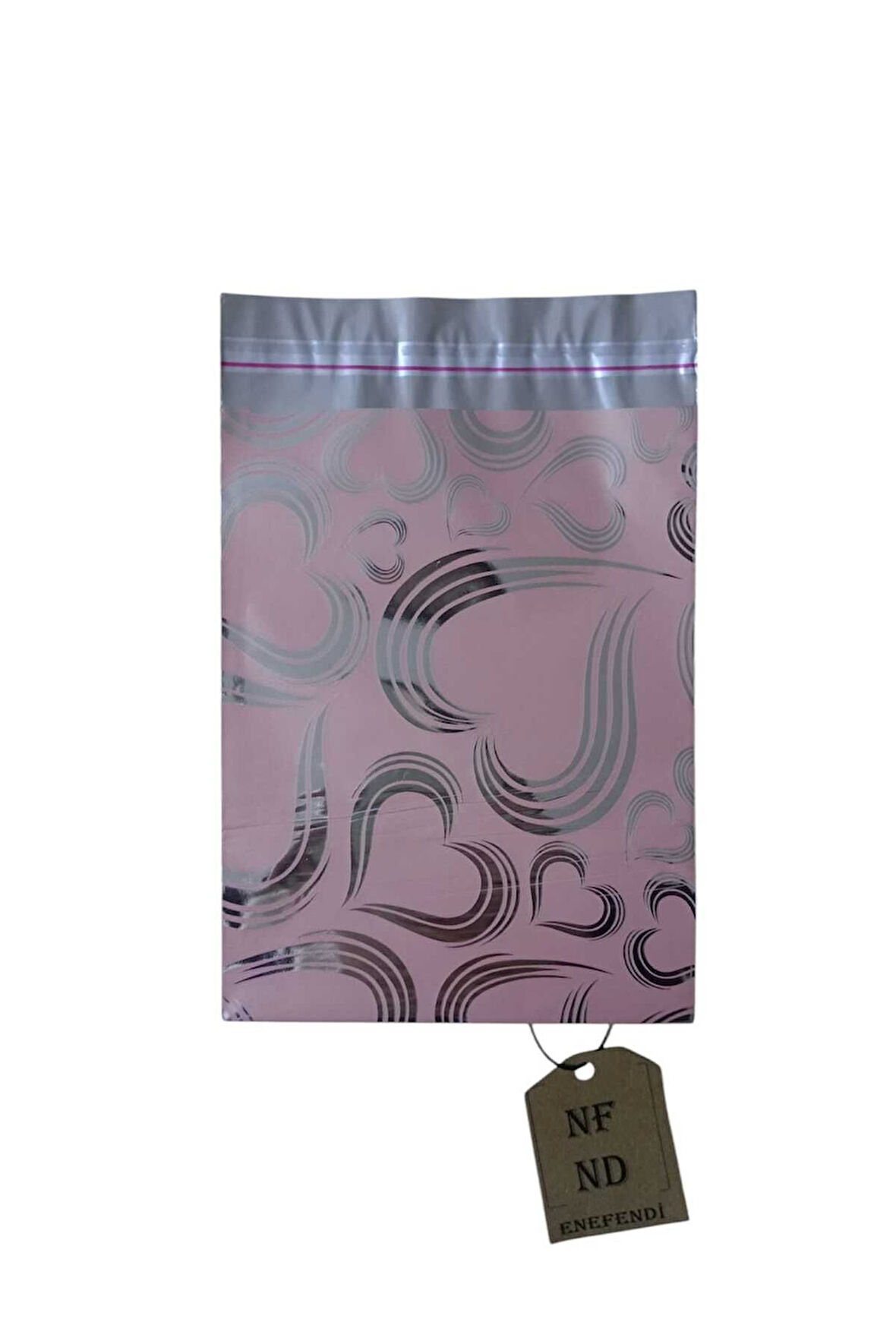 Hediye Poşeti Kendinden Bantlı Metalize Lüks Pratik Sağlam 12x17 Pembe Kalp Desenli 20'li