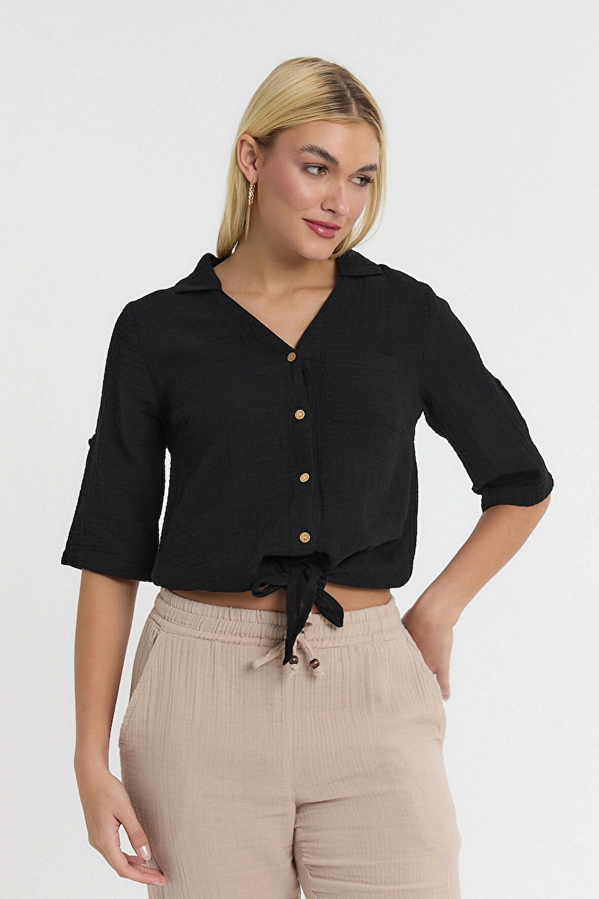 Müslin Kadın Gömlek-Önden Bağlamalı Gömlek-1020