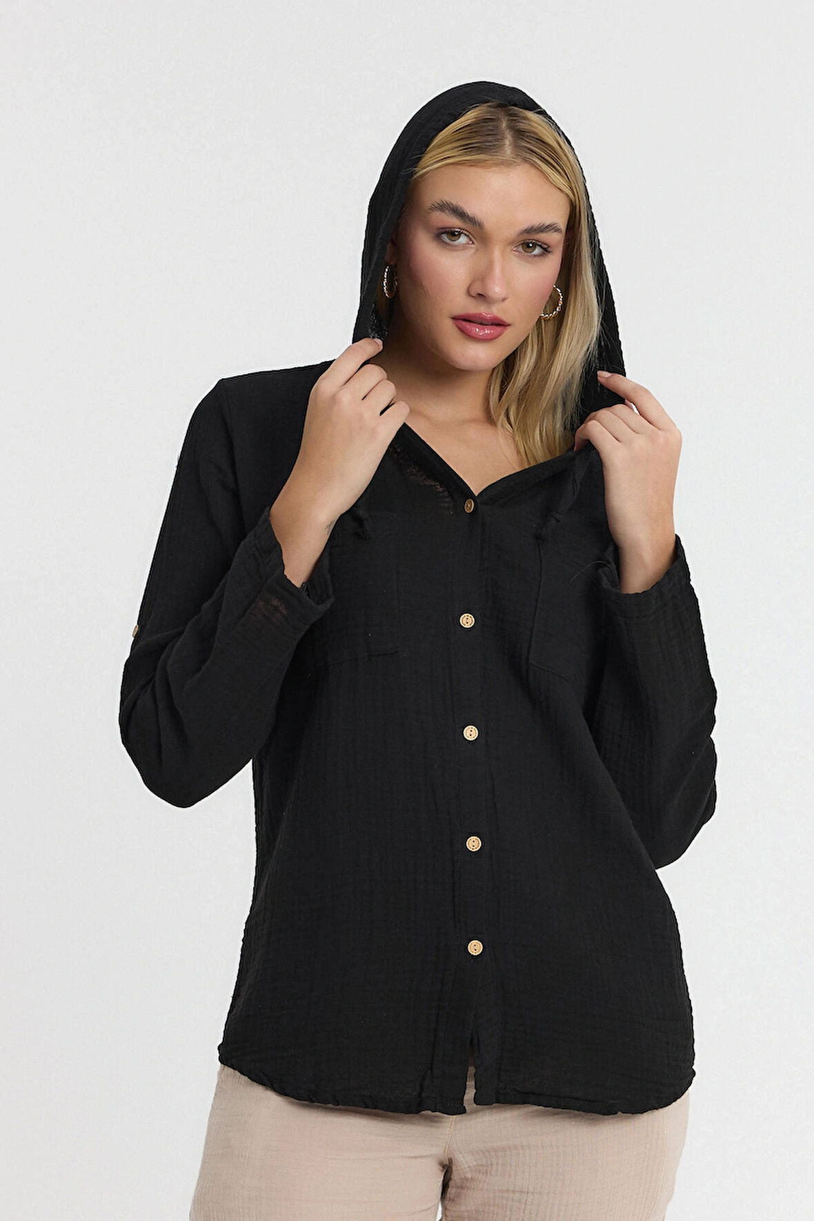 Müslin Kapüşonlu Gömlek-Kadın Kapüşonlu Gömlek-1030