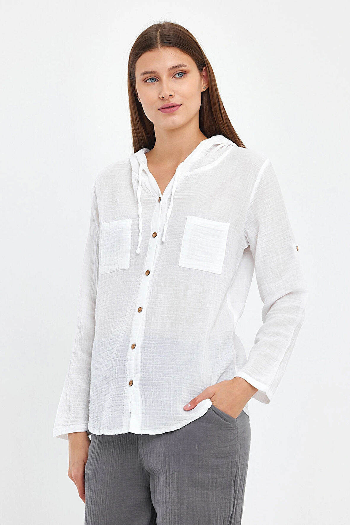 Müslin Kapüşonlu Gömlek-Kadın Kapüşonlu Gömlek-1030