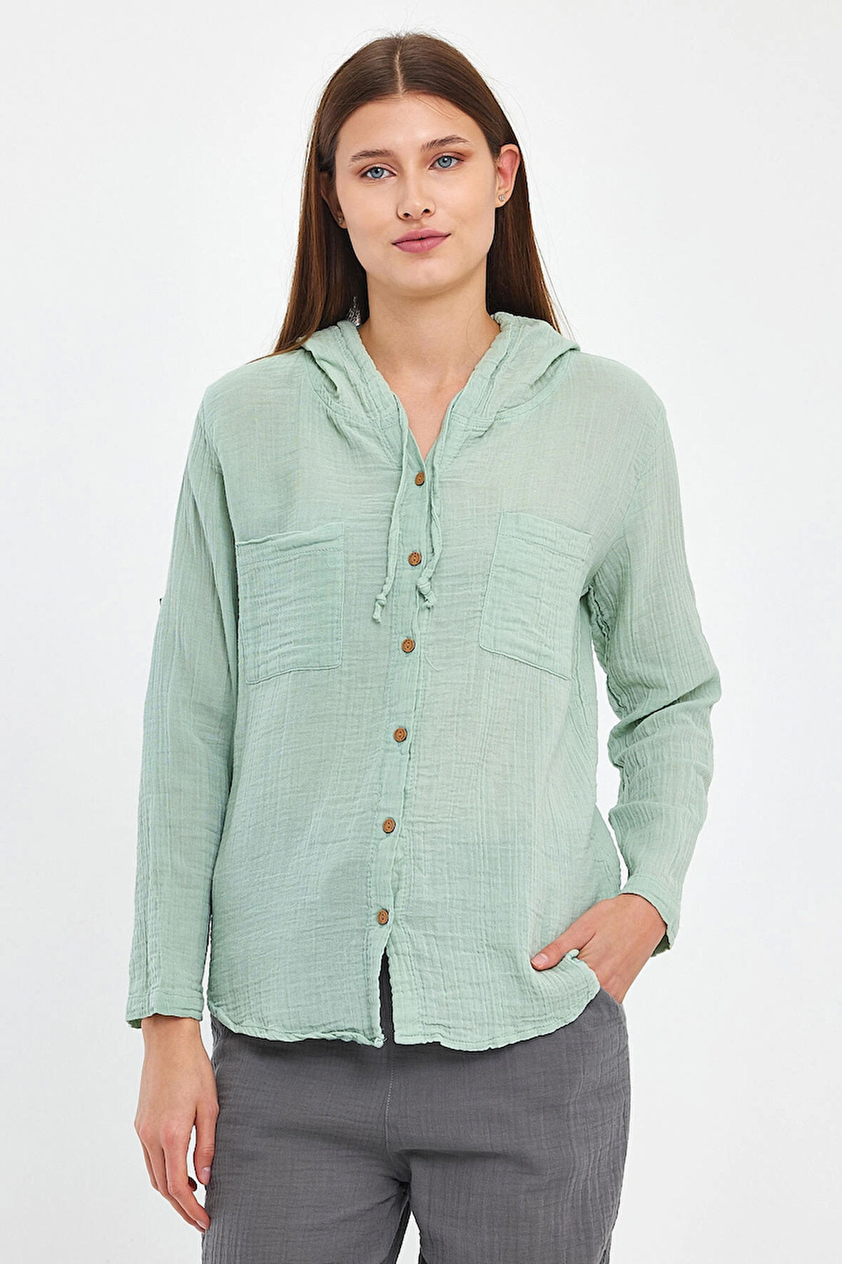 Müslin Kapüşonlu Gömlek-Kadın Kapüşonlu Gömlek-1030