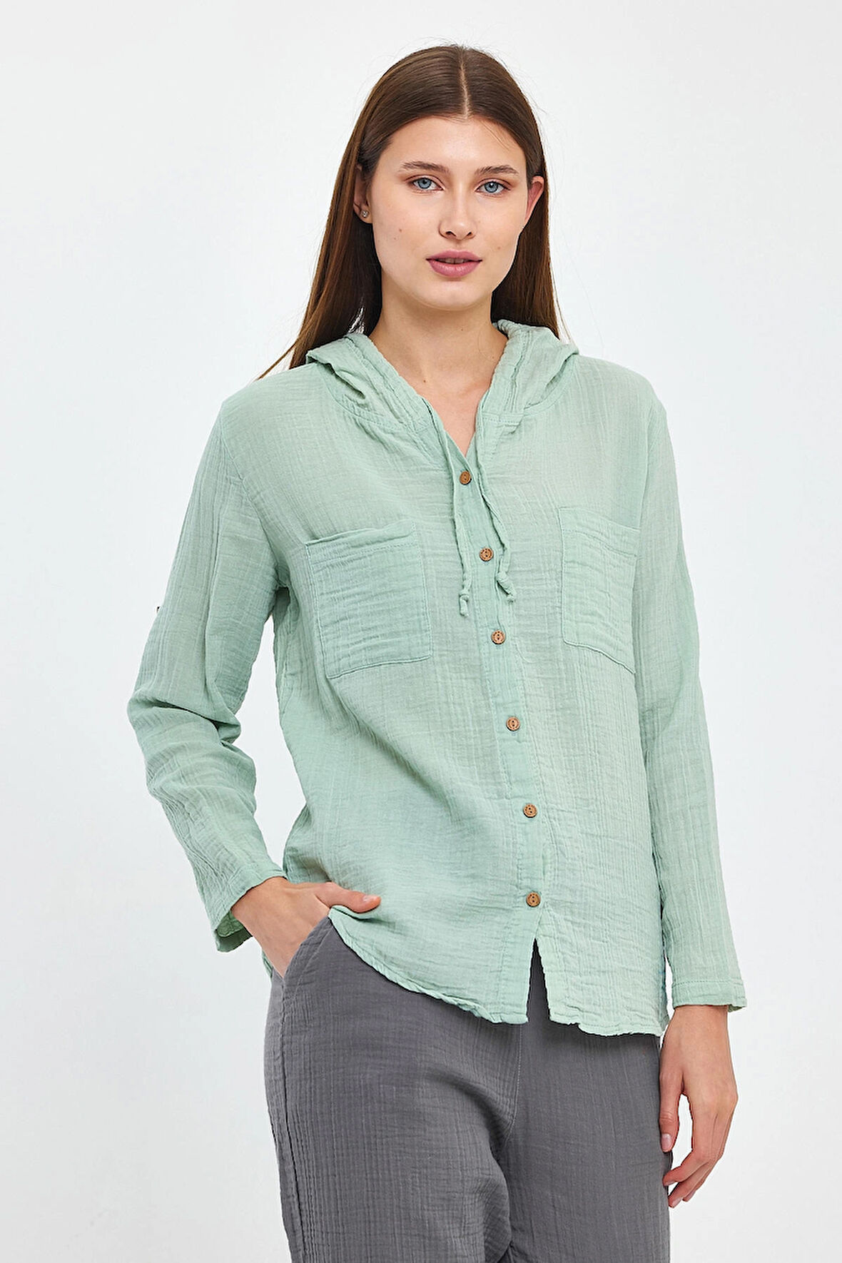 Müslin Kapüşonlu Gömlek-Kadın Kapüşonlu Gömlek-1030