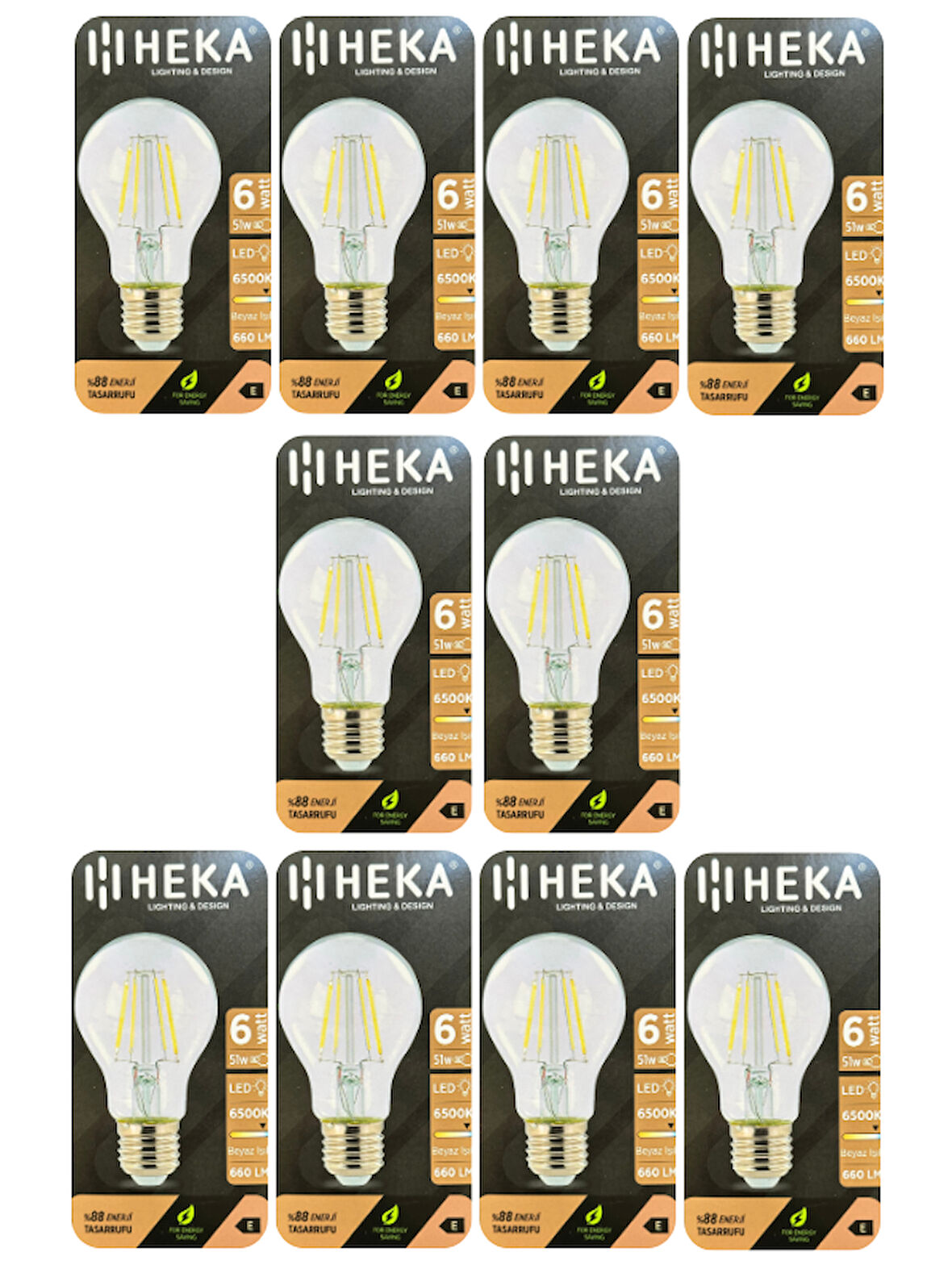(10 Adet) Heka 6W (51W) 6500K (Beyaz Işık) E27 Duylu (Kalın Duy) Led Şeffaf Ampul