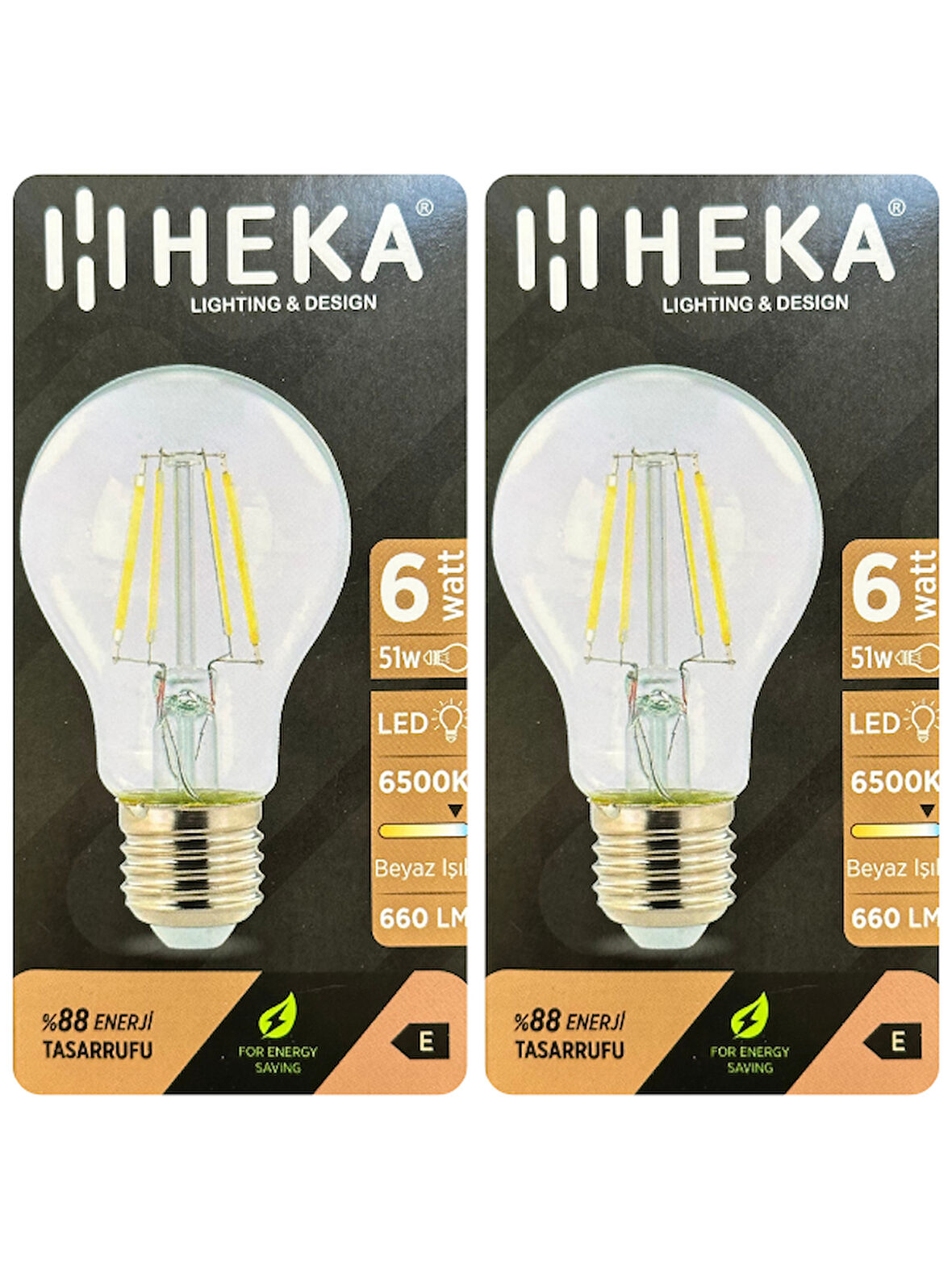 (2 Adet) Heka 6W (51W) 6500K (Beyaz Işık) E27 Duylu (Kalın Duy) Led Şeffaf Ampul
