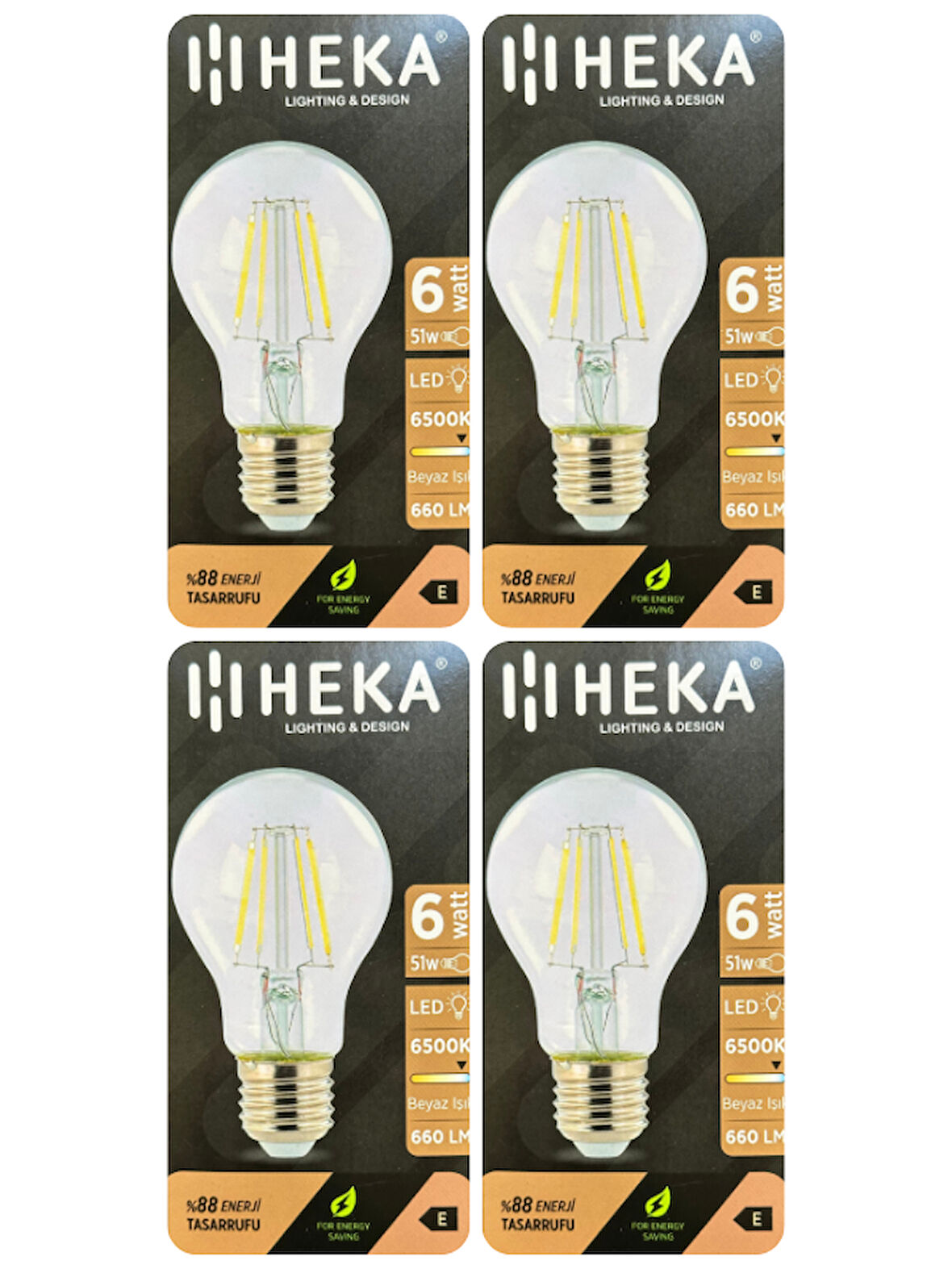 (4 Adet) Heka 6W (51W) 6500K (Beyaz Işık) E27 Duylu (Kalın Duy) Led Şeffaf Ampul