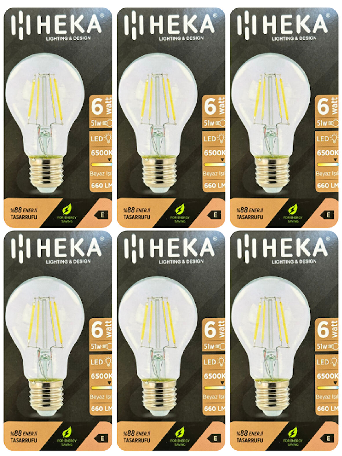 (6 Adet) Heka 6W (51W) 6500K (Beyaz Işık) E27 Duylu (Kalın Duy) Led Şeffaf Ampul