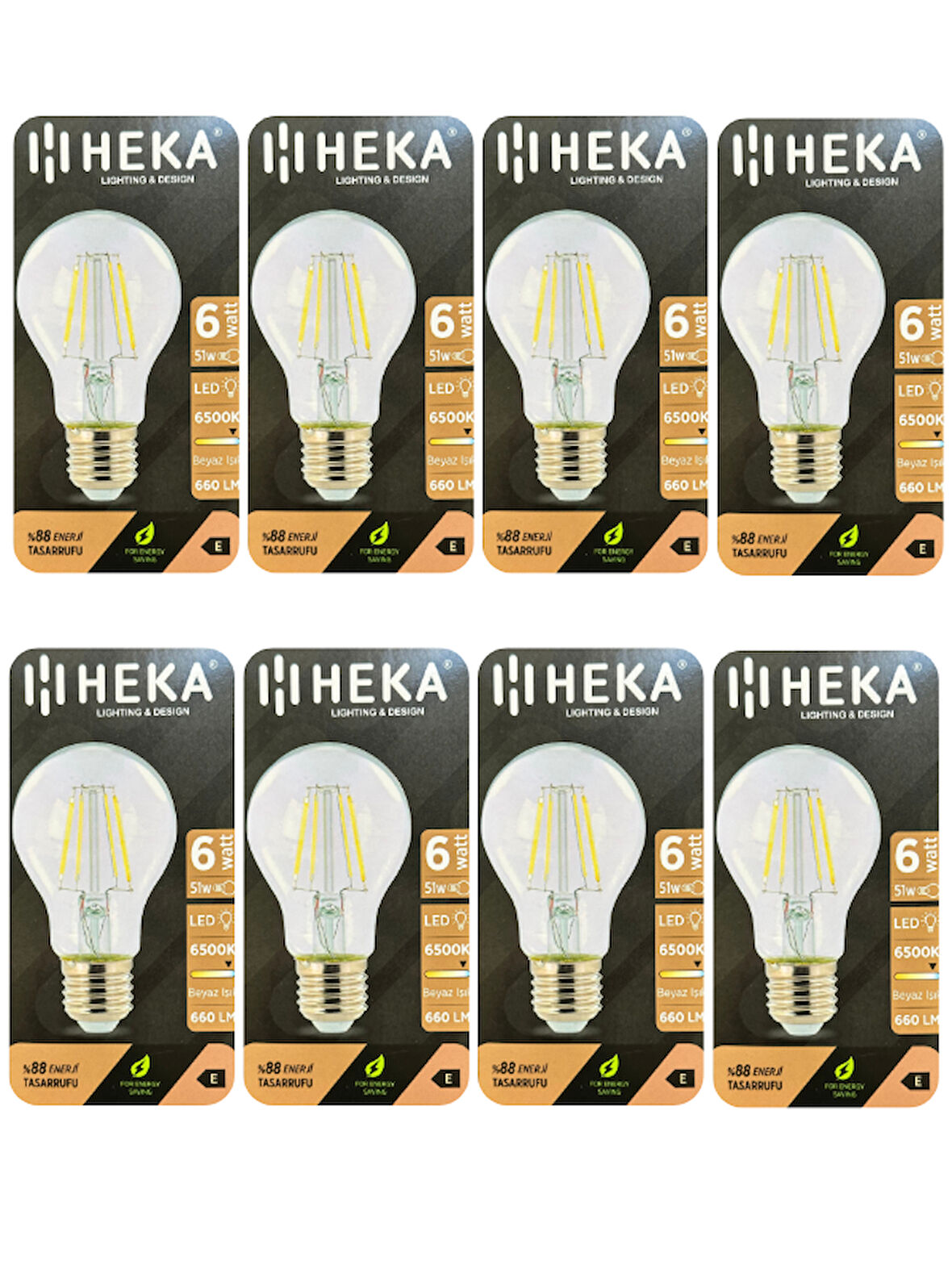 (8 Adet) Heka 6W (51W) 6500K (Beyaz Işık) E27 Duylu (Kalın Duy) Led Şeffaf Ampul