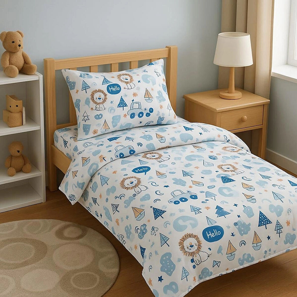 TEK KİŞİLİK ÇOCUK VE GENÇ NEVRESİM TAKIMI HELLO DESEN %100 PAMUK