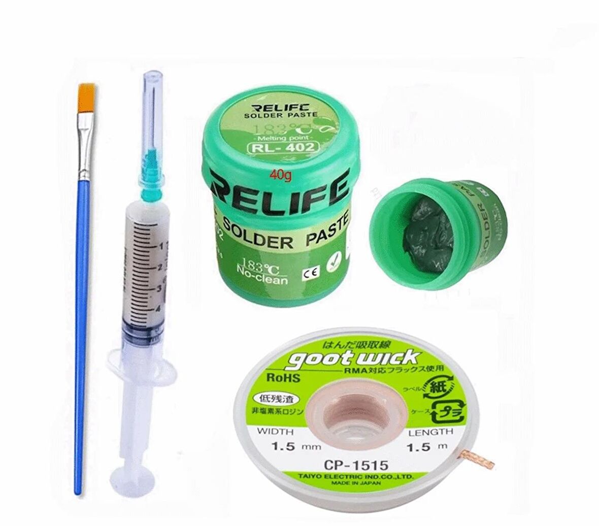 RELIFE RL-402 Krem Lehim Paste 40G Ve Flux Lehim Toplama Ve CP1515 Emme Teli SetiX1