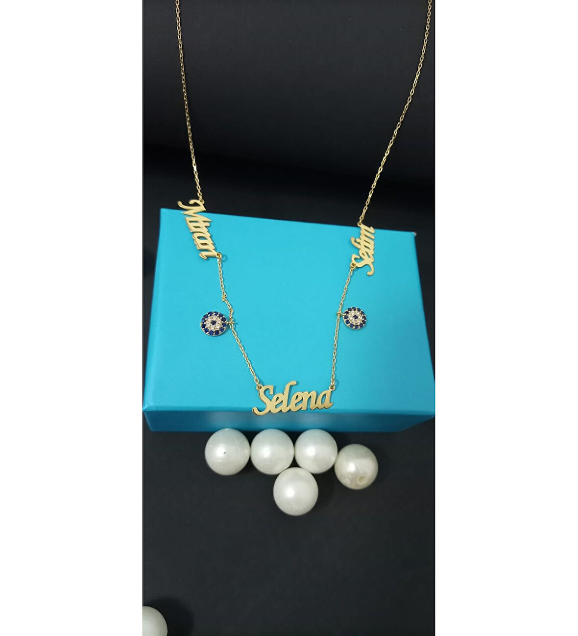 NAZAR BONCUKLU ÜÇ İSİMLİ KOLYE GÜMÜŞ KİŞİYE ÖZEL