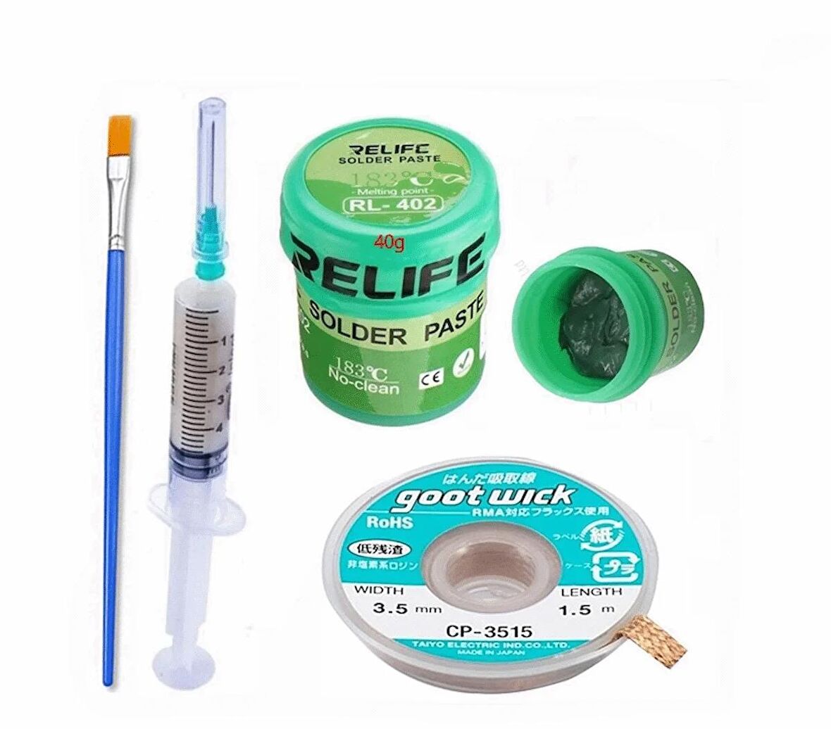 RELIFE RL-402 Krem Lehim Paste 40G Ve Flux Lehim Toplama Ve CP 3515 Emme Teli SetiX1