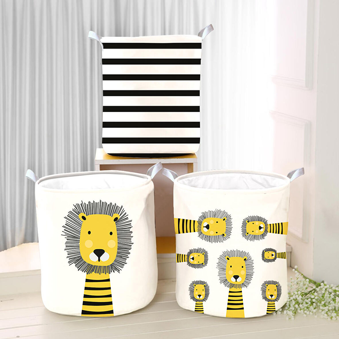 Beyaz Bebek Çocuk Odası Katlanabilir Kirli Çamaşır ve Oyuncak Sepeti Model 0120