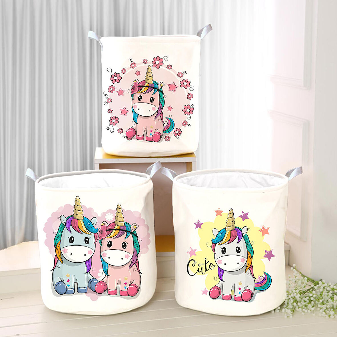 Beyaz Bebek Çocuk Odası Katlanabilir Kirli Çamaşır ve Oyuncak Sepeti Model 0243