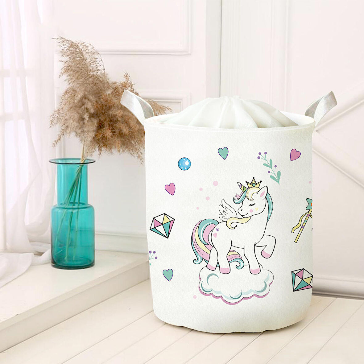 Beyaz Bebek Çocuk Odası Katlanabilir Kirli Çamaşır ve Oyuncak Sepeti Model 40006