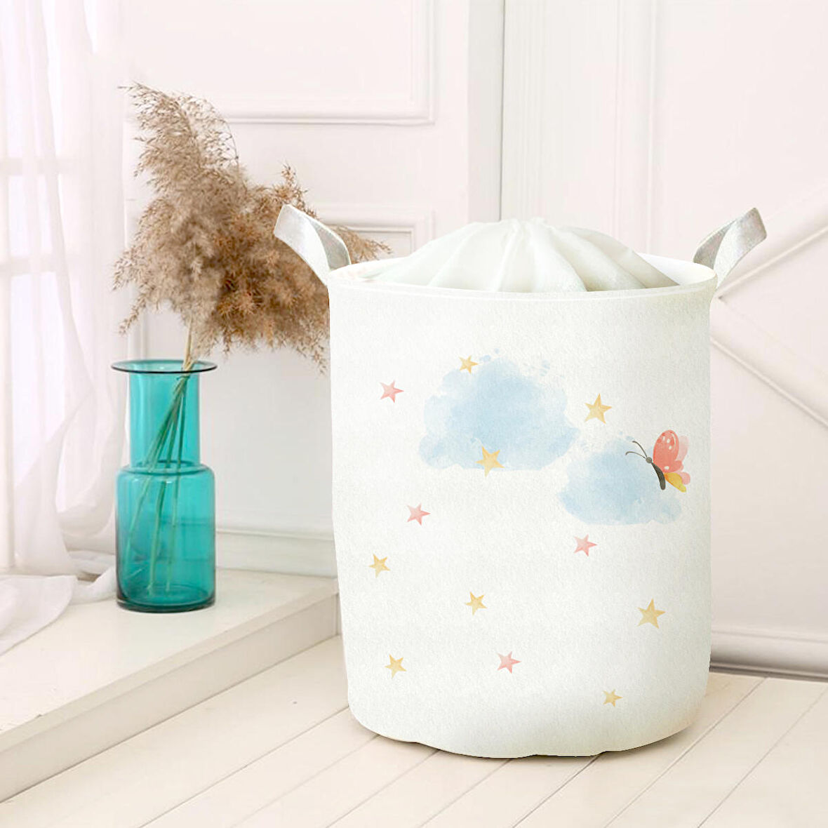 Beyaz Bebek Çocuk Odası Katlanabilir Kirli Çamaşır ve Oyuncak Sepeti Model 40018