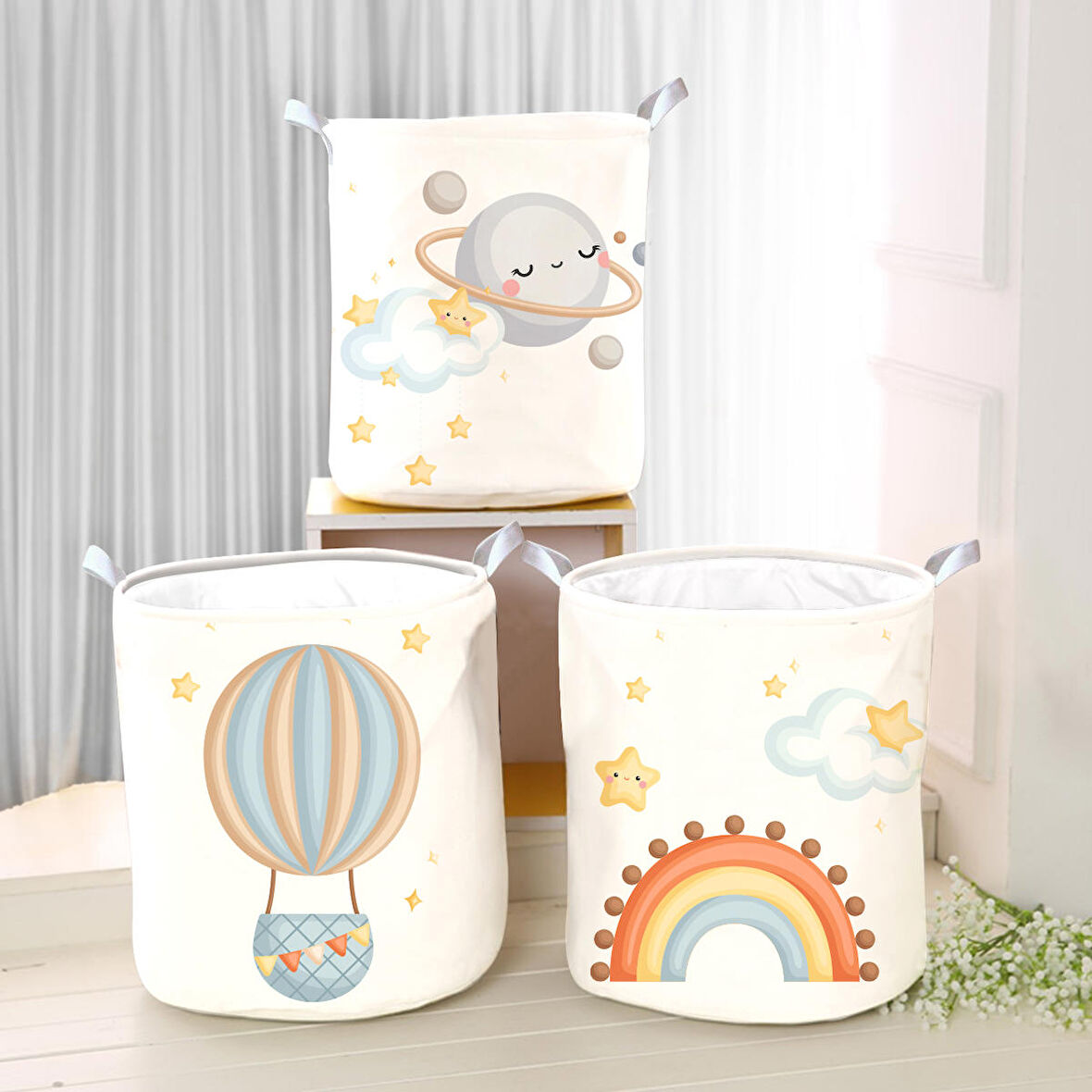 Beyaz Bebek Çocuk Odası Katlanabilir Kirli Çamaşır ve Oyuncak Sepeti Model 40022