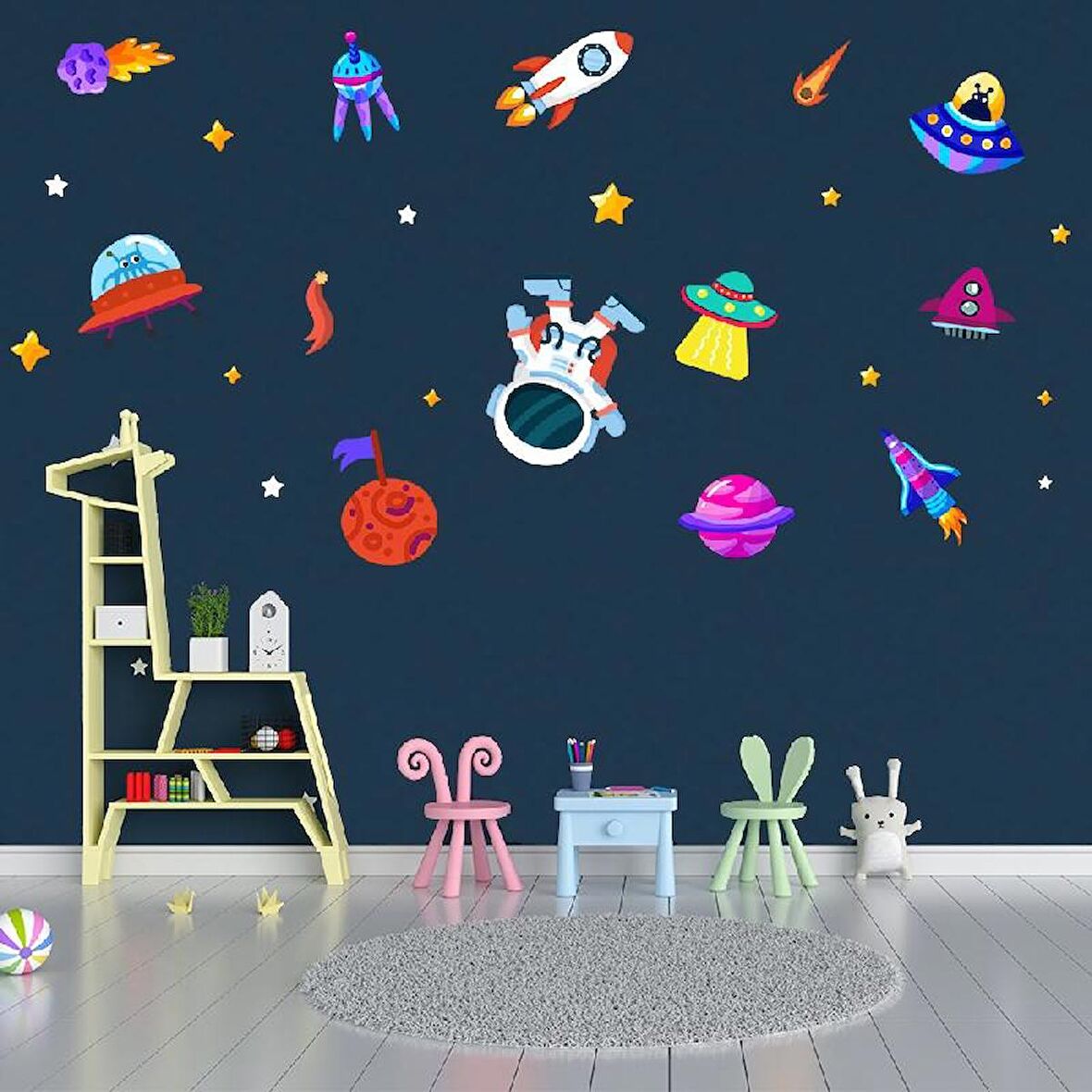 Uzay ve Gezegen Ahşap Set Bebek Çocuk Yatak Odası Ev Dekorasyon Model 001 