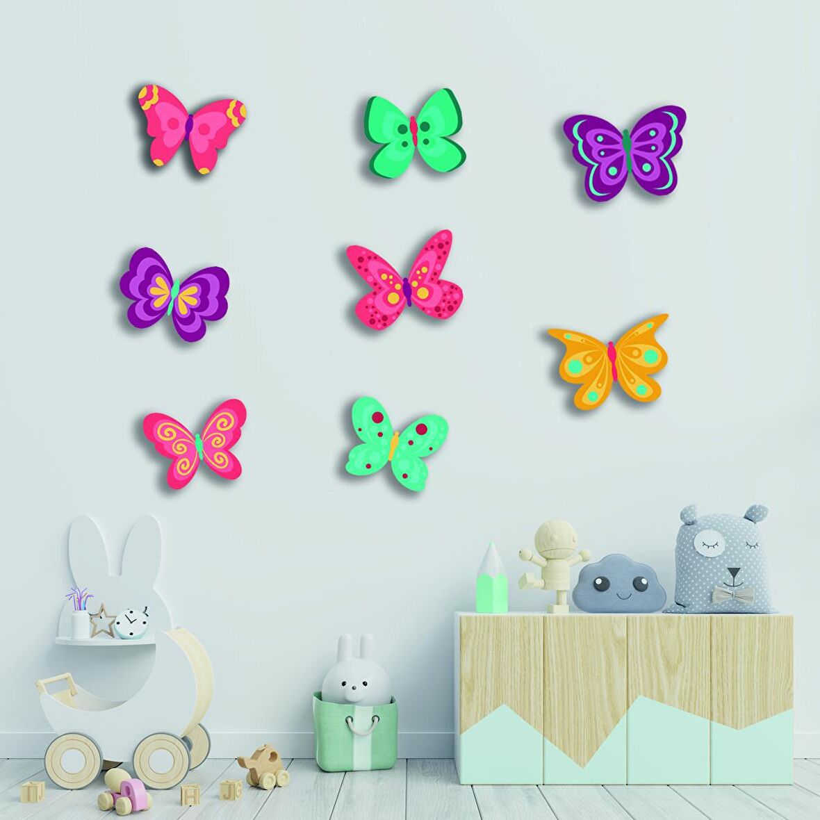 Renkli Kelebekler Ahşap Set Bebek Çocuk Yatak Odası Ev Dekorasyon Model 016