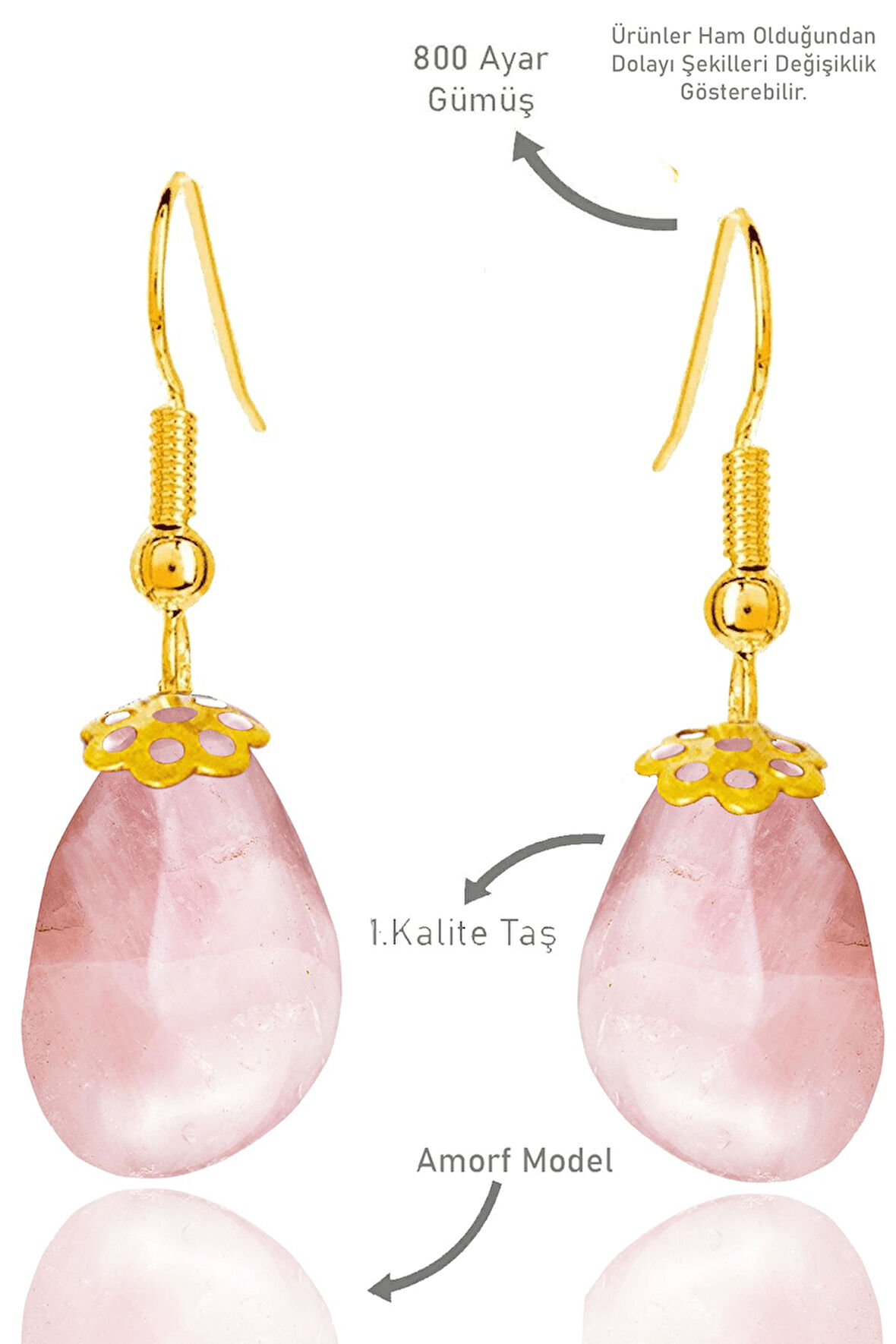 Sertifikalı Amorf Model Ham Pembe Kuvars Taşı Küpe - Gold Renkli