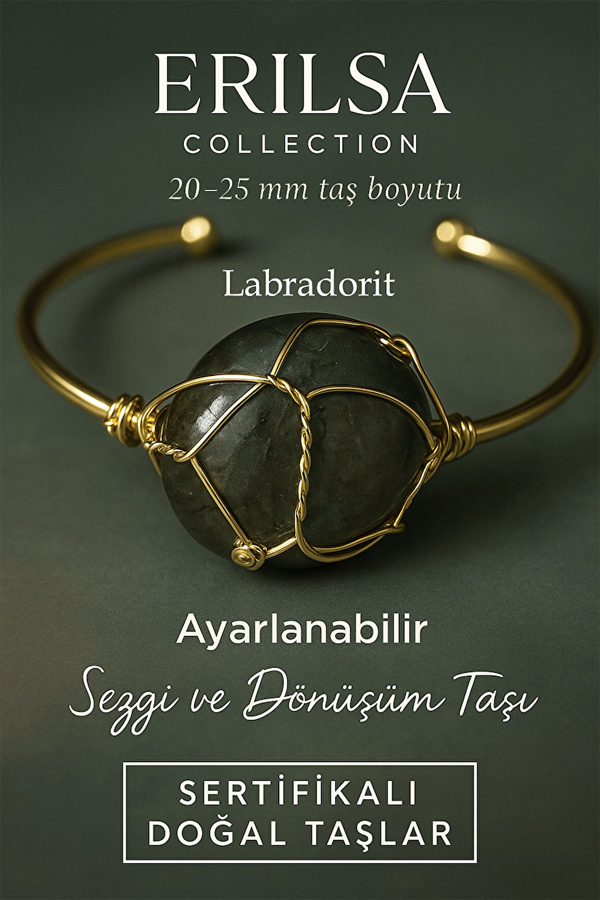 Sertifikalı Doğal Labradorit Taşı Ayarlanabilir 24K Altın Kaplama Bileklik 20-25 mm