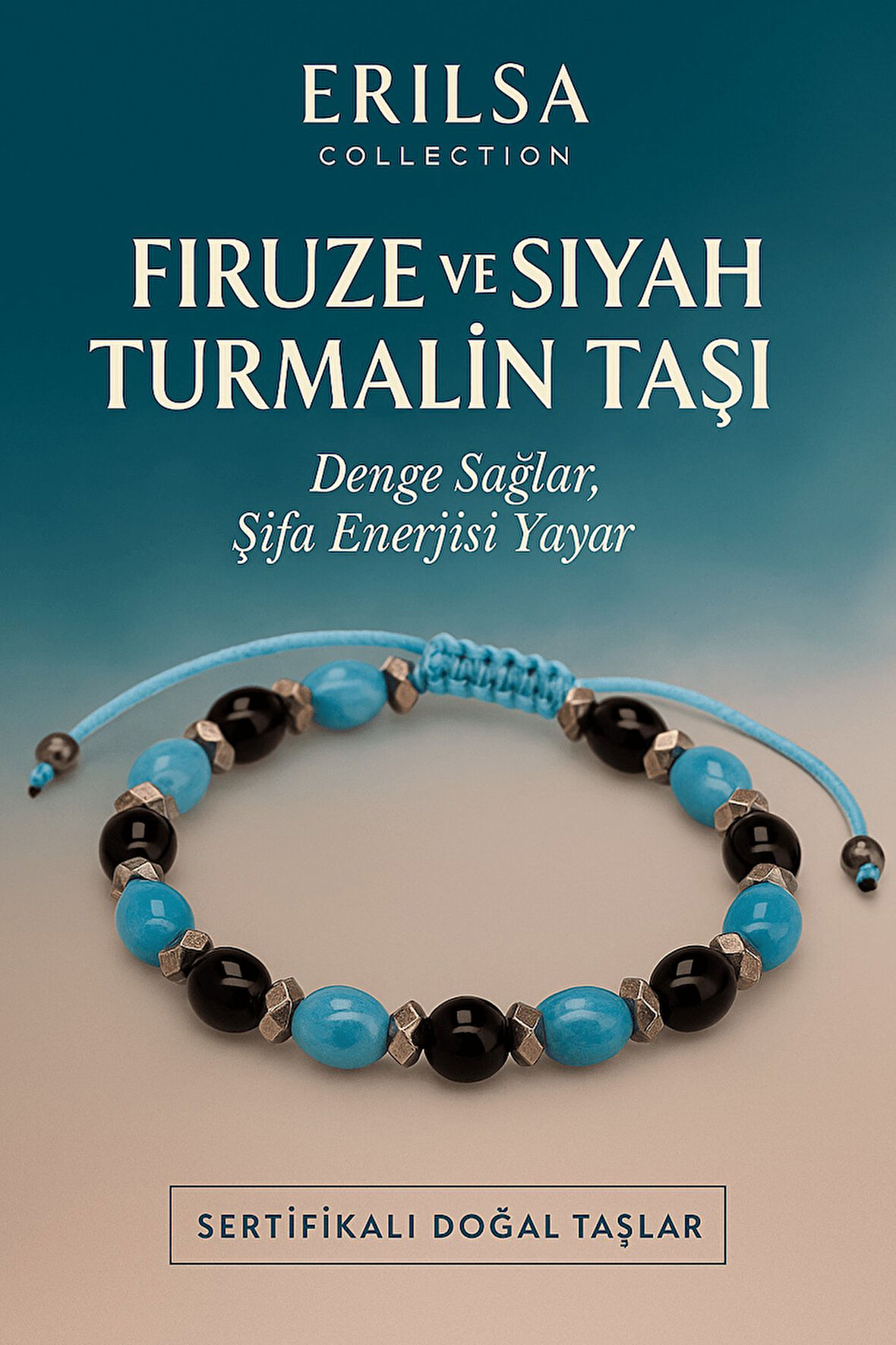 Sertifikalı Firuze ve Siyah Turmalin Taşı Bileklik - Denge Sağlayan Şifa Enerjili Takı