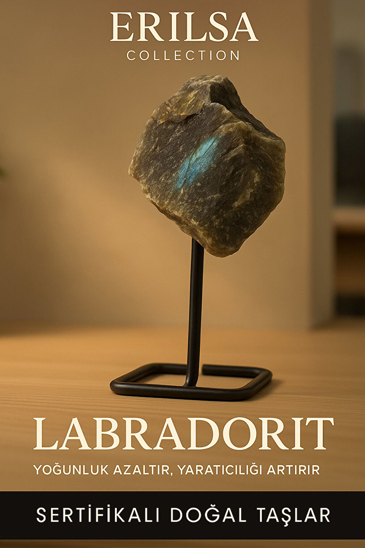 Sertifikalı Doğal Ham Labradorit Taşı Standlı Dekoratif Obje – Aura Koruma ve Sezgileri Güçlendirir
