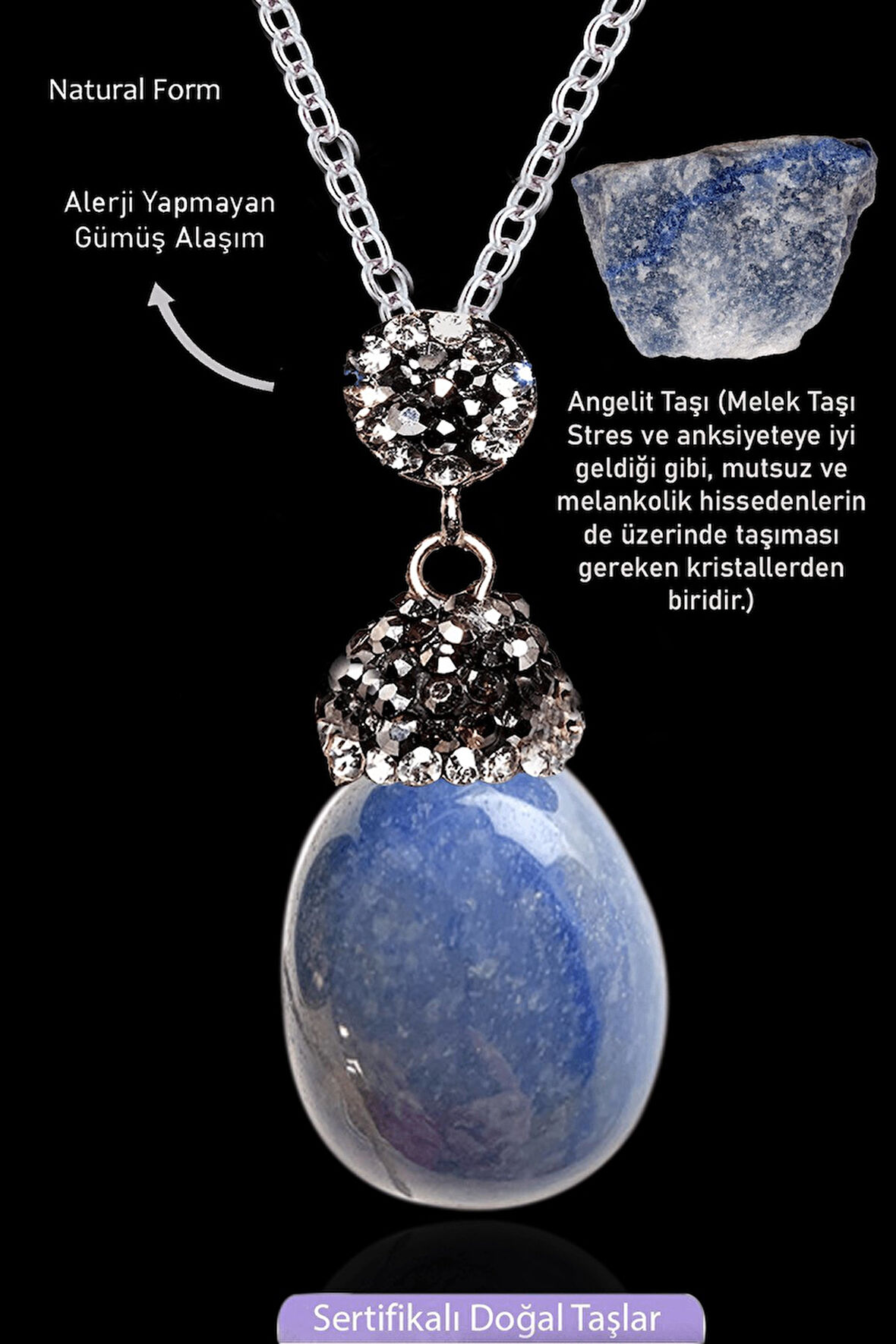 Sertifikalı Zirkon Taşlı Model Ham Angelit Taşı Kolye (Melek Taşı)