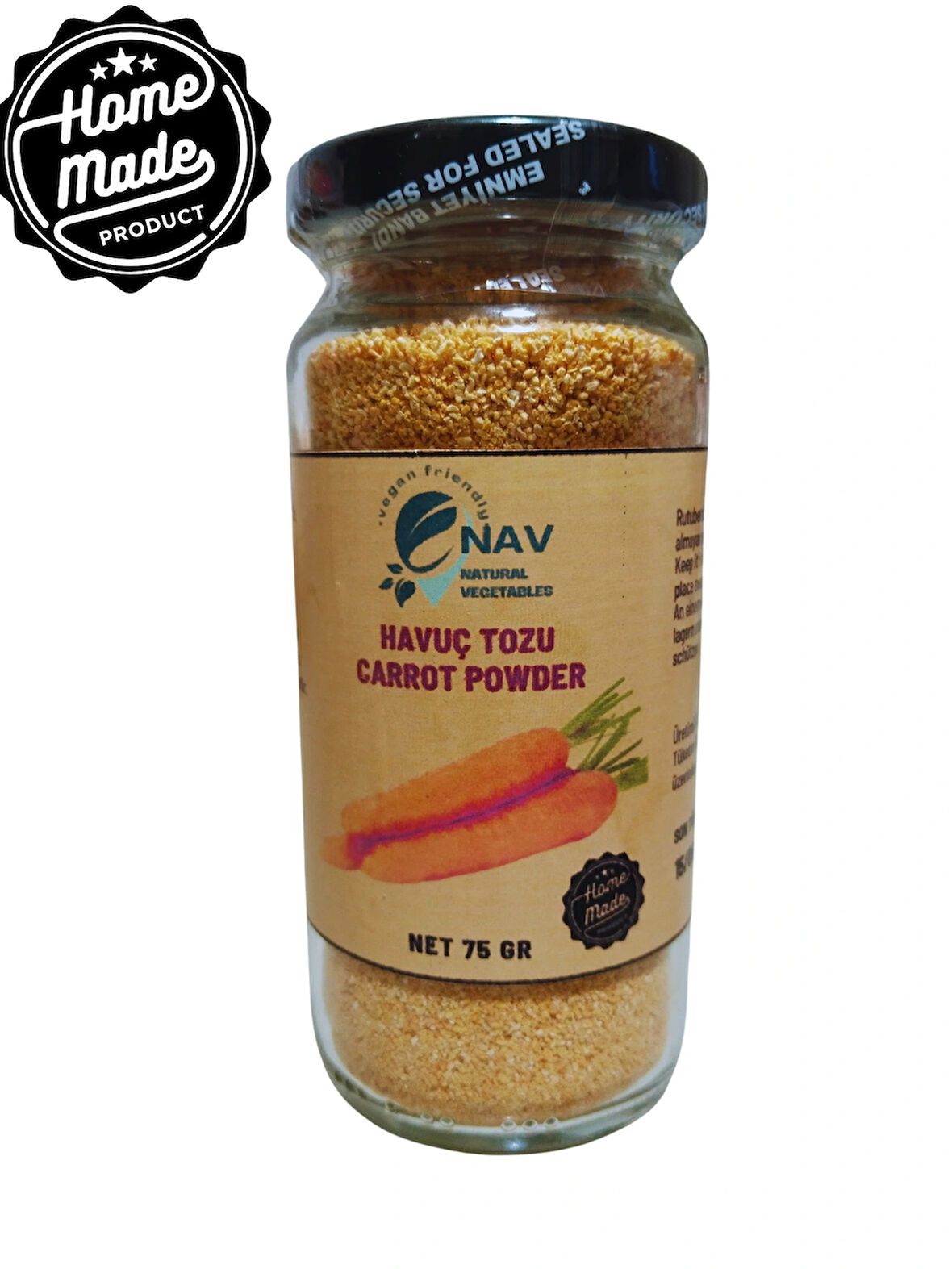 NAV Havuç Tozu Ev Yapımı Katkısız Koruyucusuz Sağlıklı Cam Şişede 75 GR