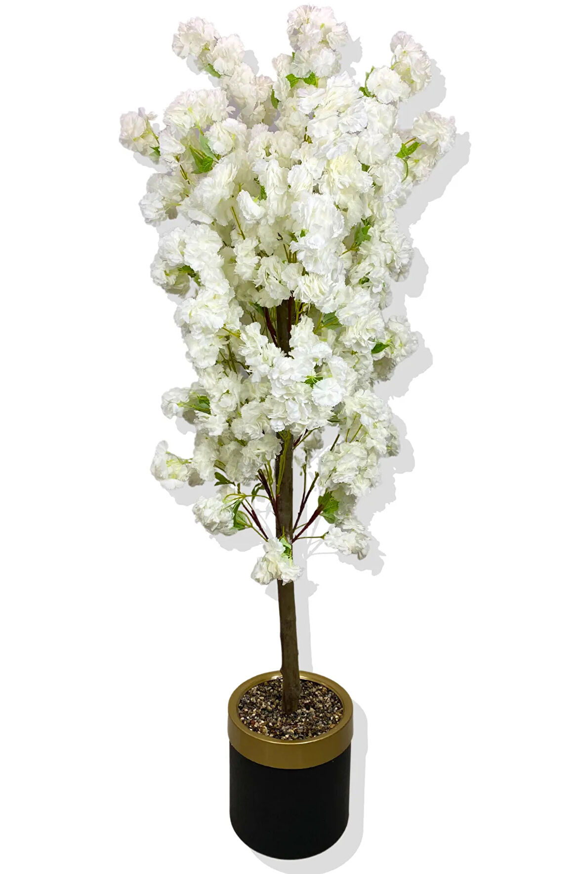 BEYAZ LÜX YEŞİL YAPRAK DETAYLI BAHAR DALI 180 CM YAPAY AĞAÇ 30X30 GOLD KEMERLİ SAKSI