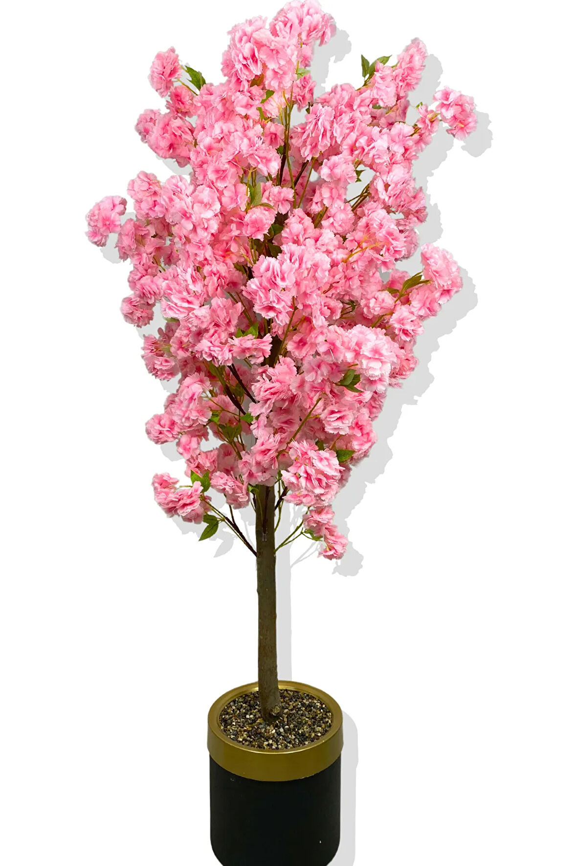 PEMBE LÜX YEŞİL YAPRAK DETAYLI BAHAR DALI 160 CM YAPAY AĞAÇ 30X25 GOLD KEMERLİ SAKSI