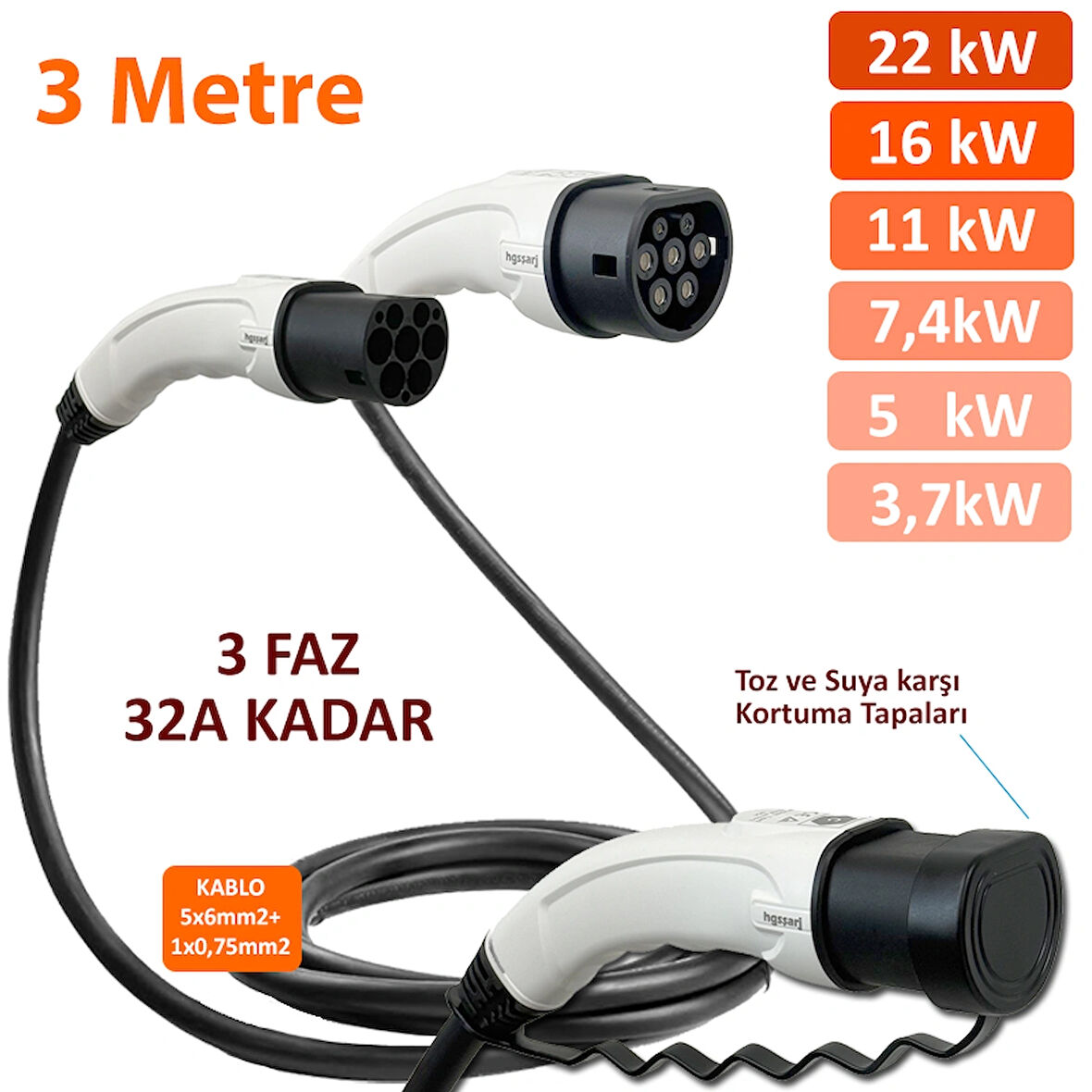 hgsşarj 3 Metre, Elektrikli Araç Şarj Kablosu 22kW-16kW-11kW-7,4kW-5kW-3,7kW 32A Kadar