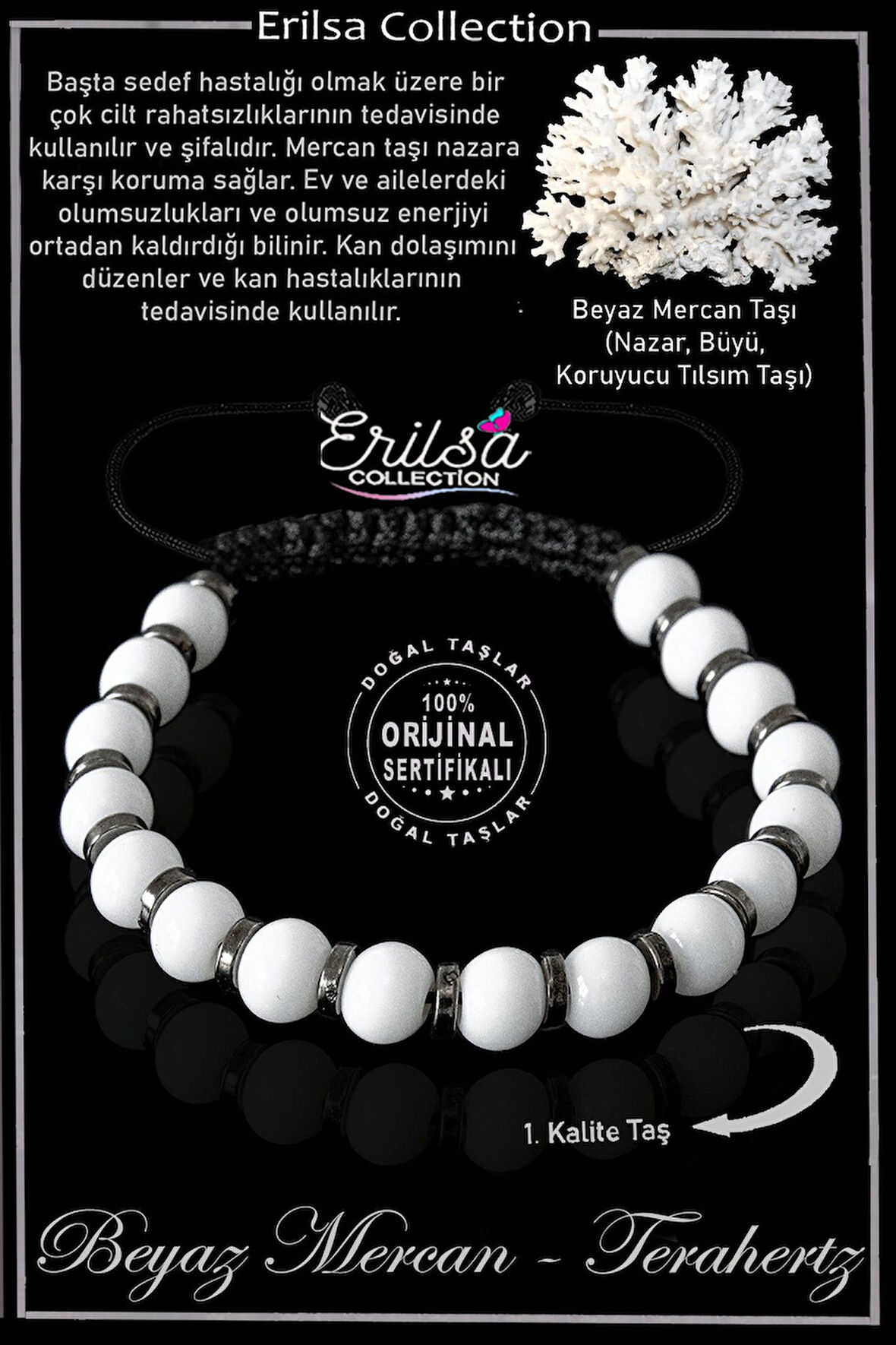 Sertifikalı Gerçek Hematit - Beyaz Mercan Taşı Bileklik - Ayarlamalı