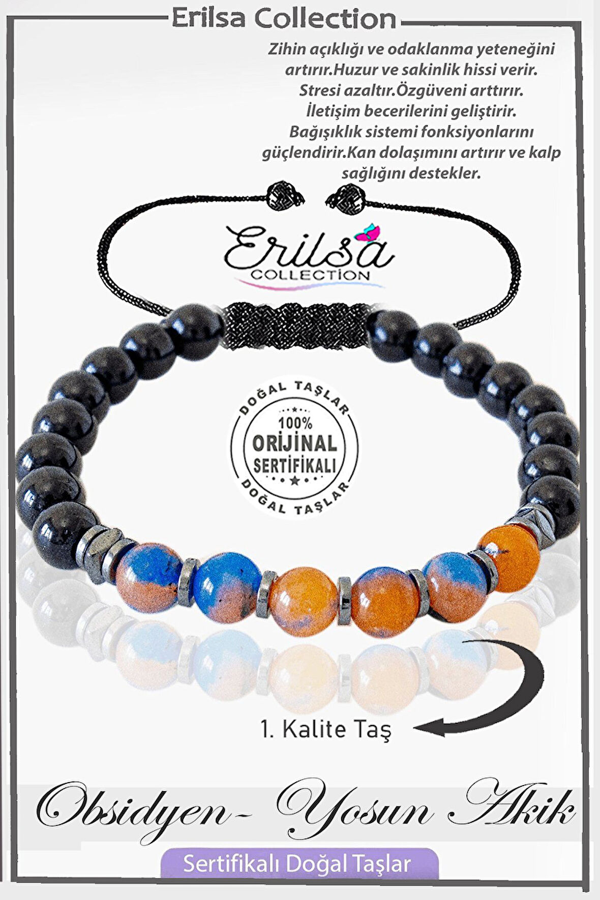 Sertifikalı Gerçek Obsidyen - Yosunlu Akik Taşı Bileklik