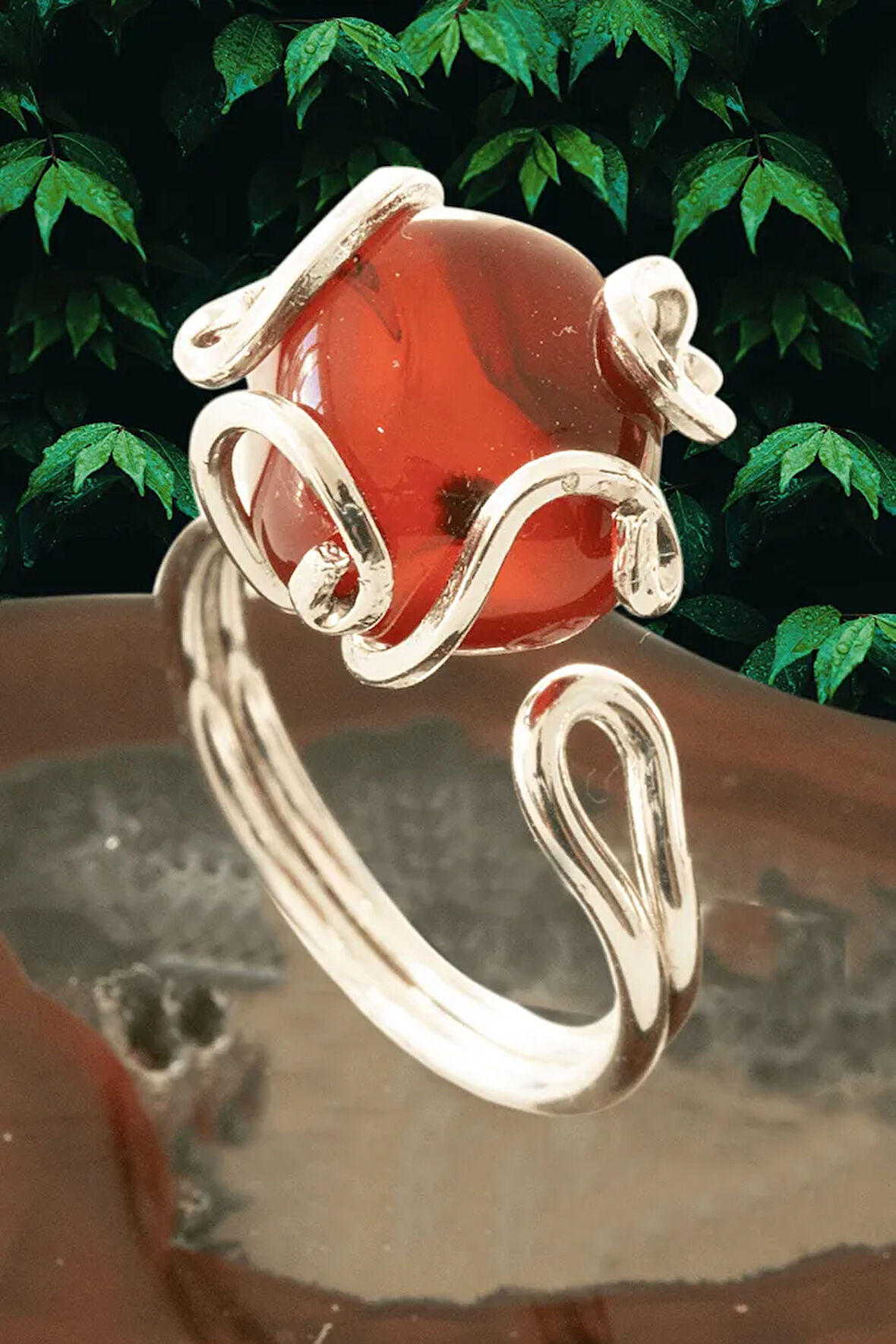 Sertifikalı Gümüş Rokoko Model Kızıl Yemen Akik Taşı Yüzük - Ayarlamalı