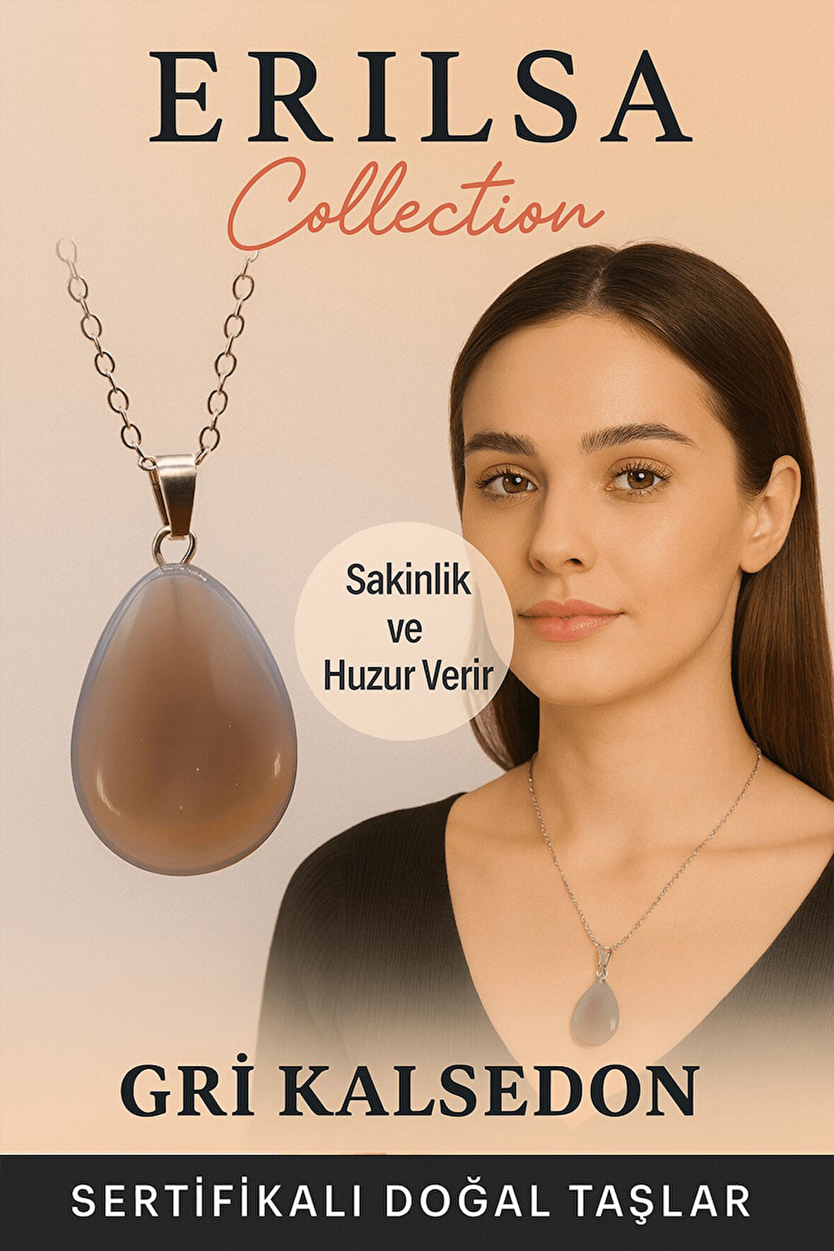 Sertifikalı Damla Model Gri Kalsedon Taşı Kolye - Sakinlik ve Huzur Veren Doğal Taş