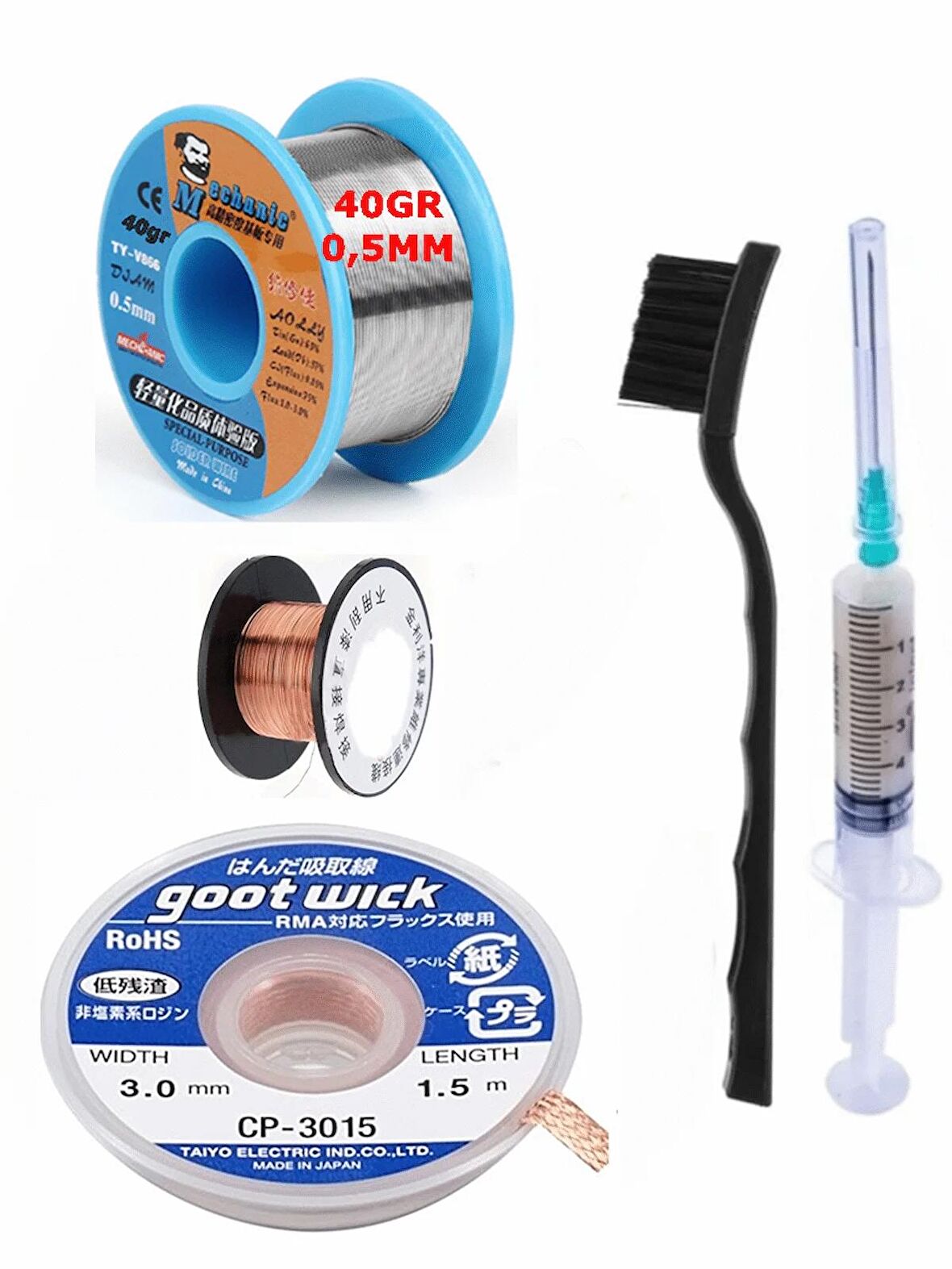 MECHANİC Soldering 63SN/37PB Lehim Teli 005MM 40Gr Ve Flux Lehim Toplama Ve CP 3015 Emme Teli 5in1 Set