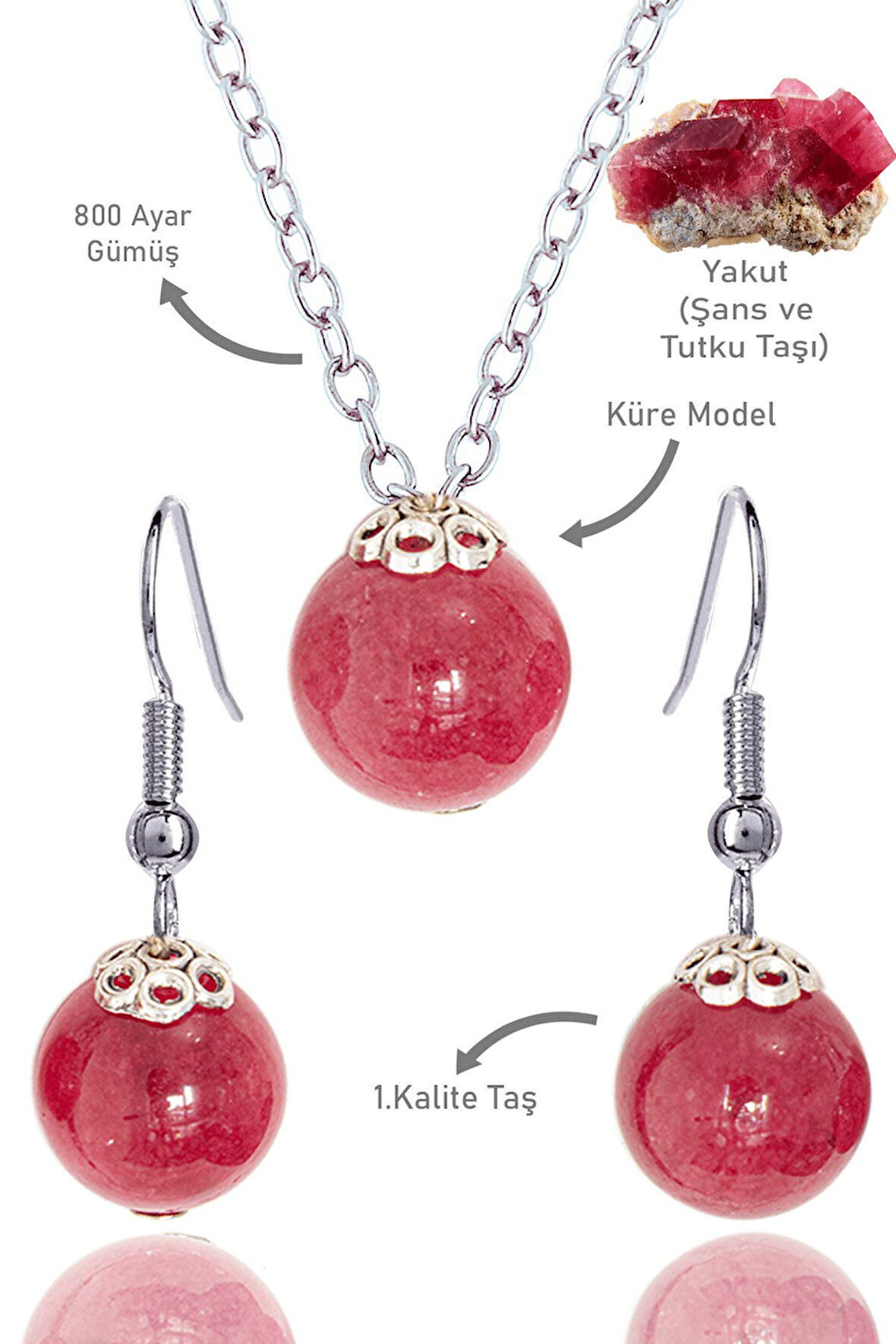 Sertifikalı Küre Model Yakut Taşı Kolye ve Küpe Seti - Gümüş Aparatlı