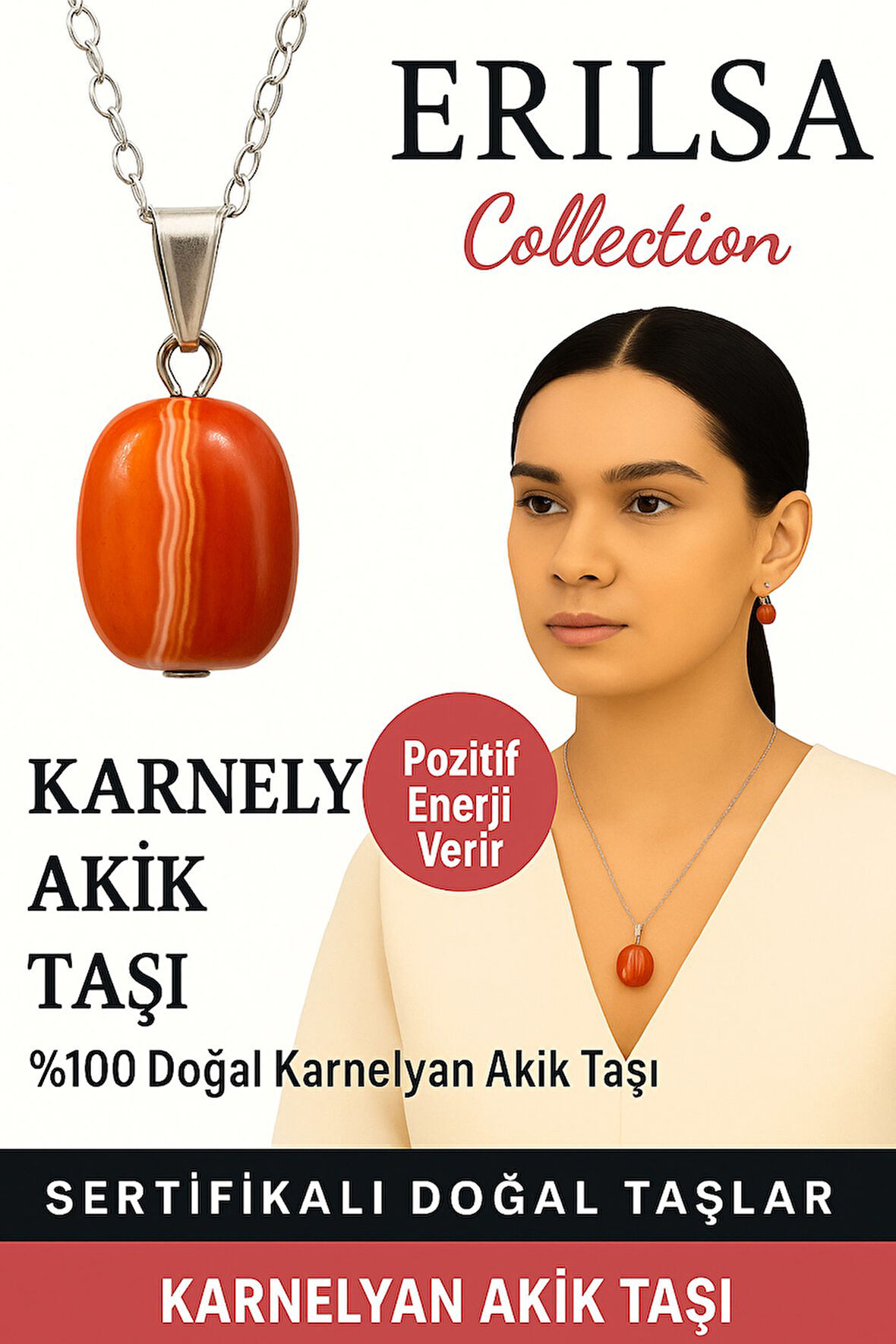 Sertifikalı Karnelyan Akik Doğal Taş Kolye – Pozitif Enerji Canlılık ve Özgüven Taşı