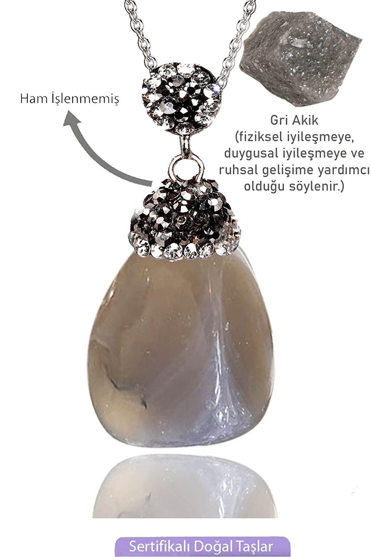 Sertifikalı Zirkon Taşlı Model Ham Gri Akik Taşı Kolye