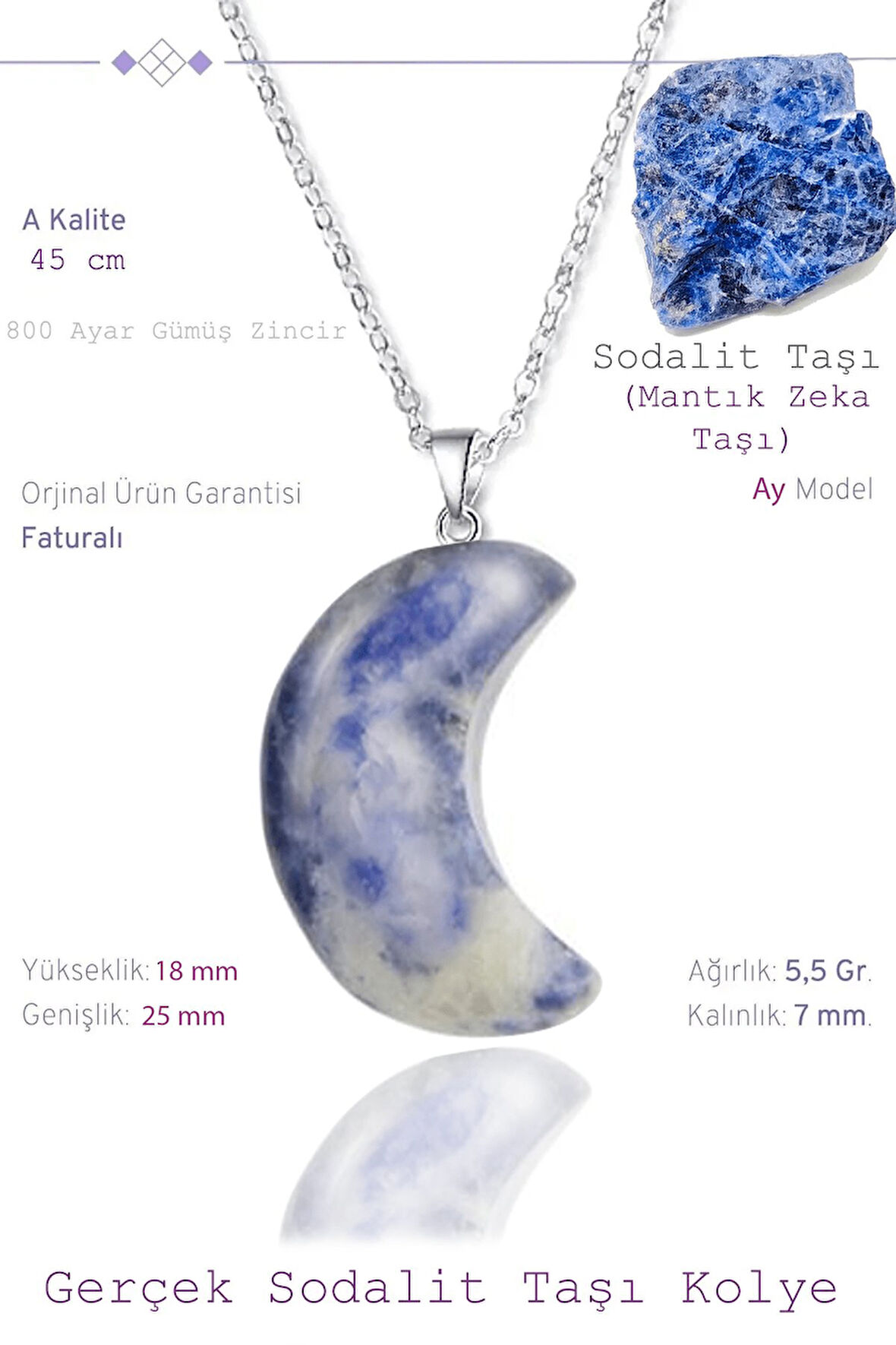Sertifikalı Ay Model Gerçek Sodalit Taşı Kolye
