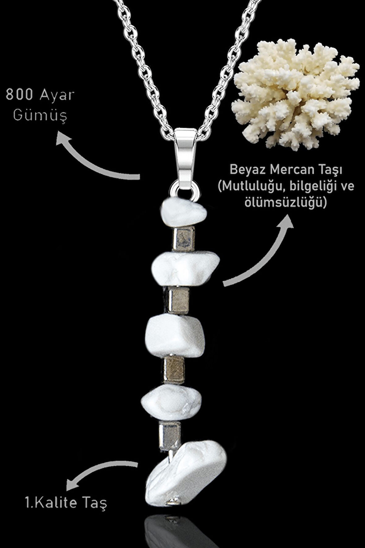 Sertifikalı Kırık Taşlı Model Beyaz Mercan Taşı Kolye