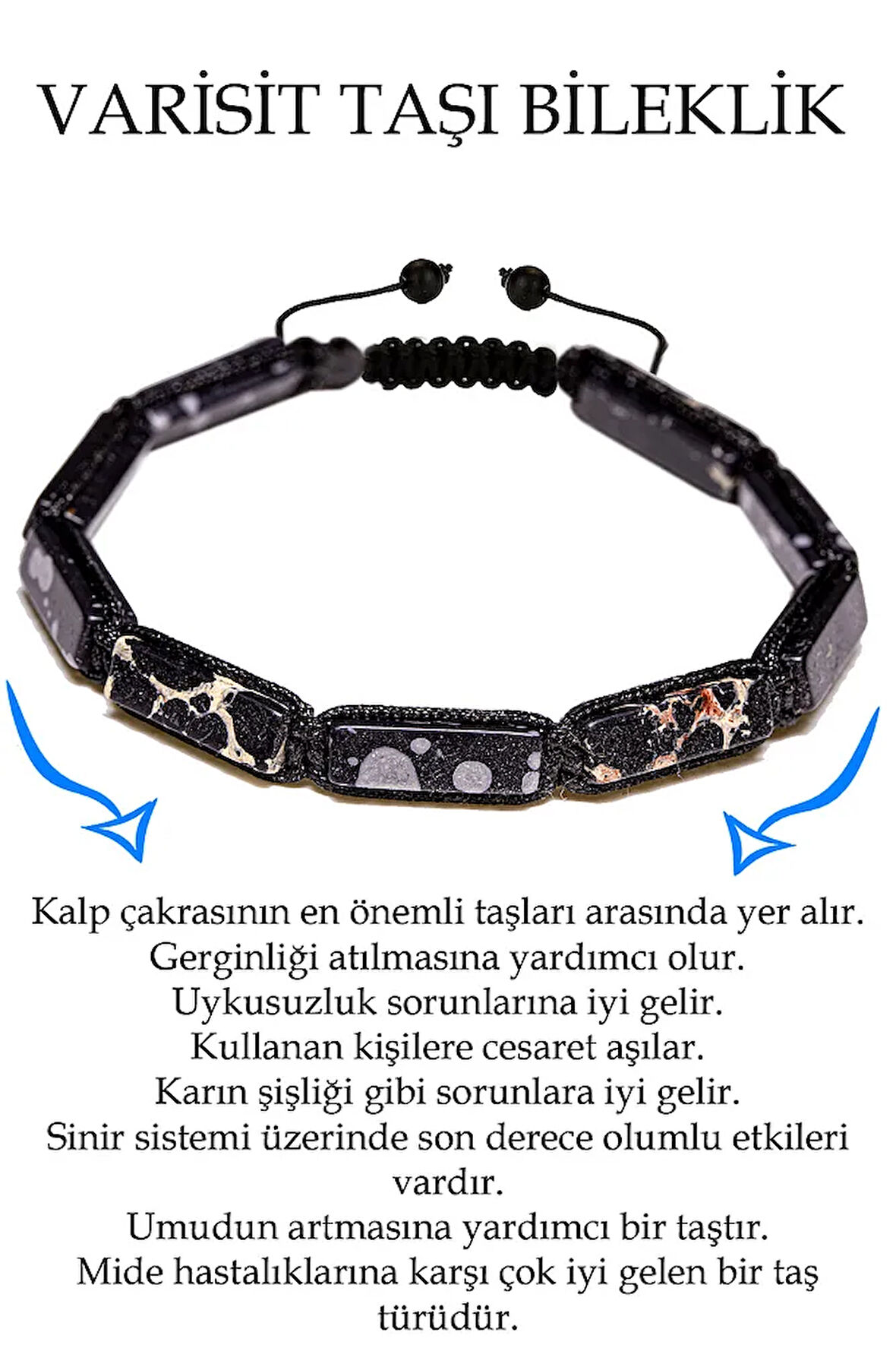 Sertifikalı Dikdörtgen Kesim Siyah Varisit Taşı Bileklik