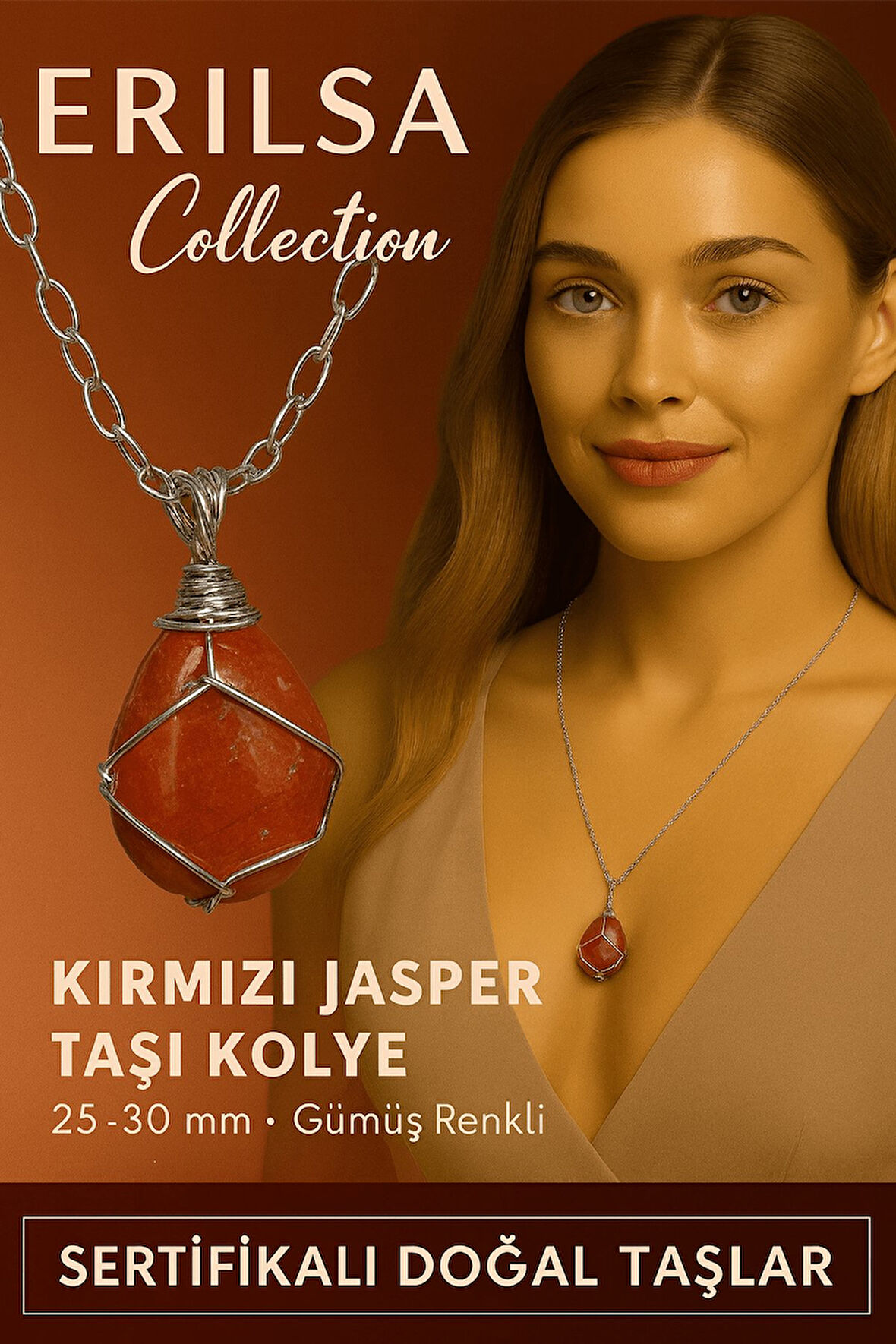 Sertifikalı Gümüş Tel Sargılı Doğal Kırmızı Jasper Taşı Kolye – 25-30 mm Enerji ve Güç Taşı