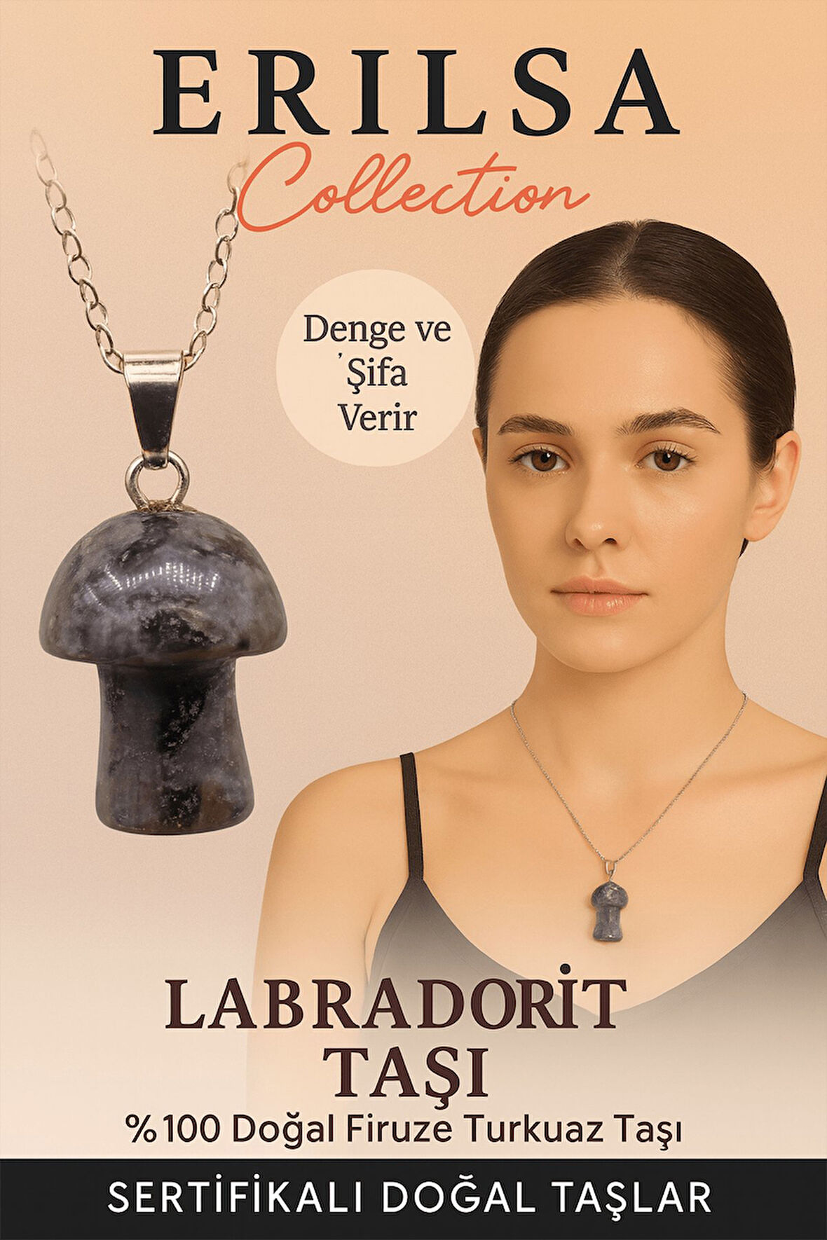 Sertifikalı Mantar Model Labradorit Taşı Kolye - Denge ve Şifa Veren Doğal Kolye