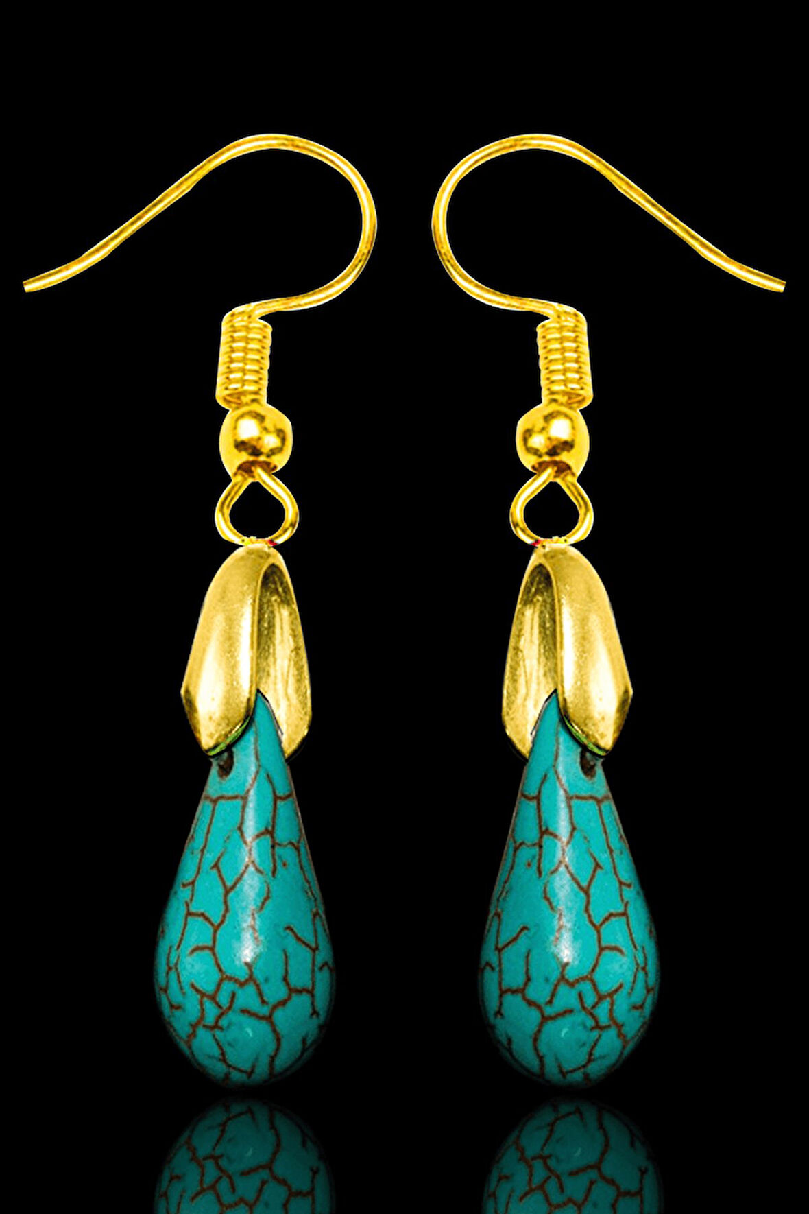 Sertifikalı Gold Damla Kesim Firuze - Turkuaz Taşı Küpe 